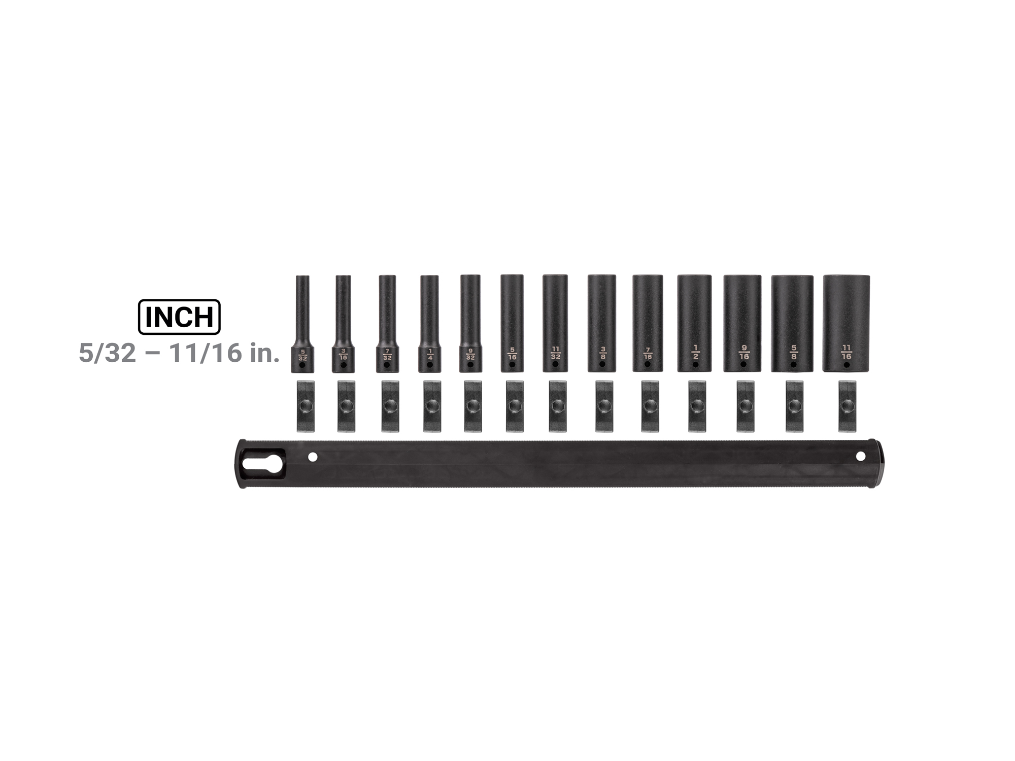 13-piece set includes 5/32–11/16 inch (SAE) deep 6-point impact sockets with rail organization. No skipped sizes. SID90101.