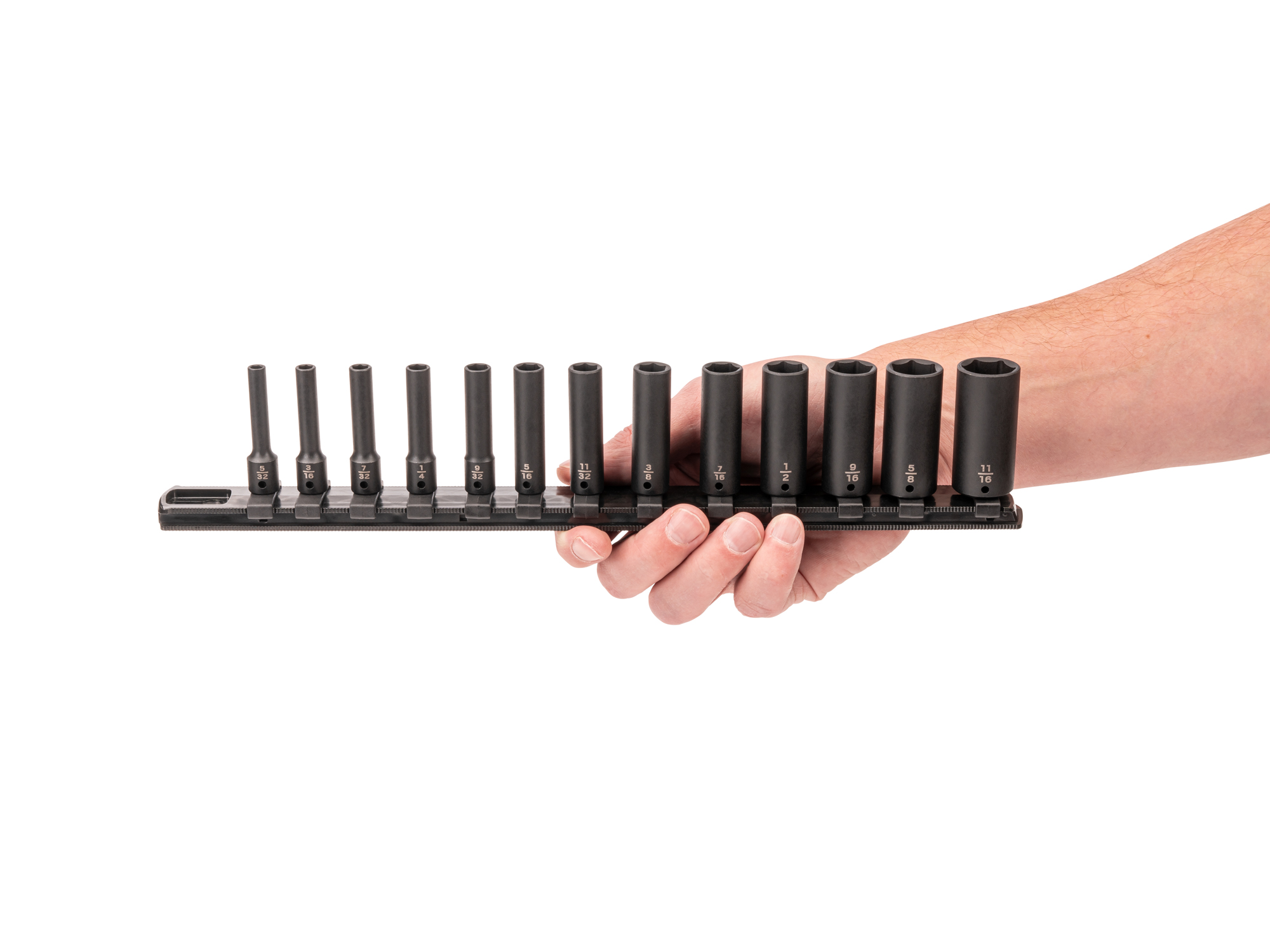 13-piece set includes 5/32–11/16 inch (SAE) deep 6-point impact sockets with rail organization. No skipped sizes. SID90101.