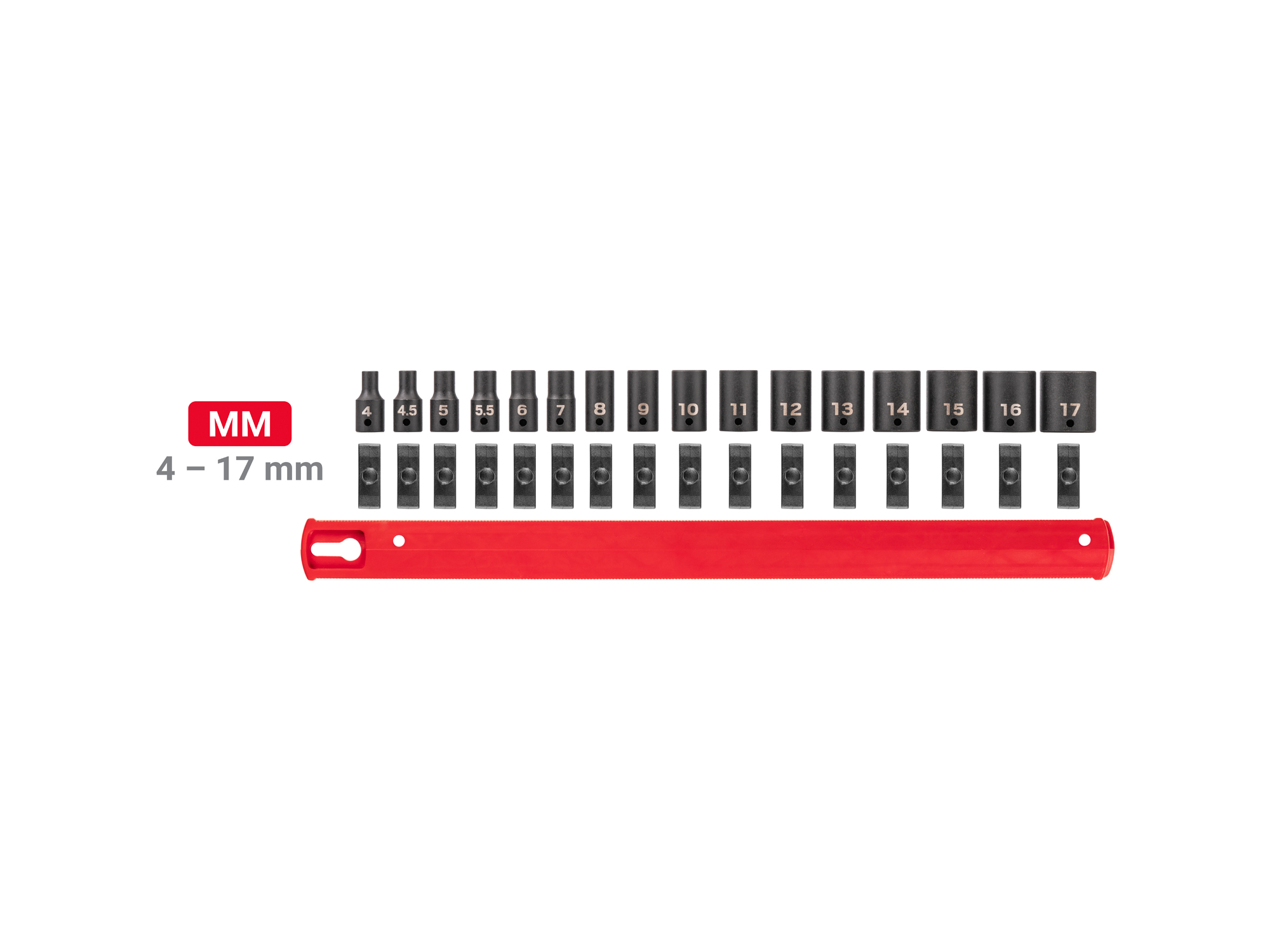 16-piece set includes 4–17 mm (metric) 6-point impact sockets with rail organization. No skipped sizes. SID90102.