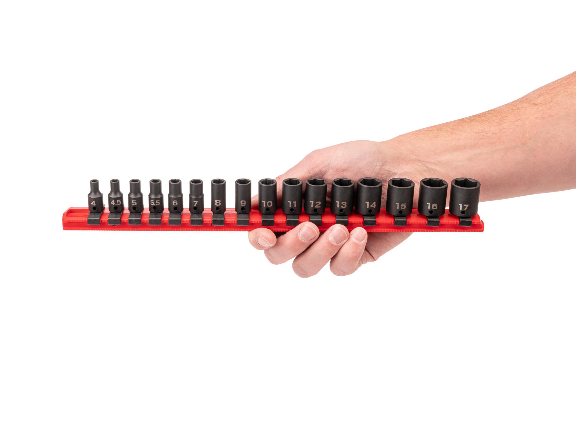 Person holding Tekton rail impact drive 6-point socket set. Item #SID90102
