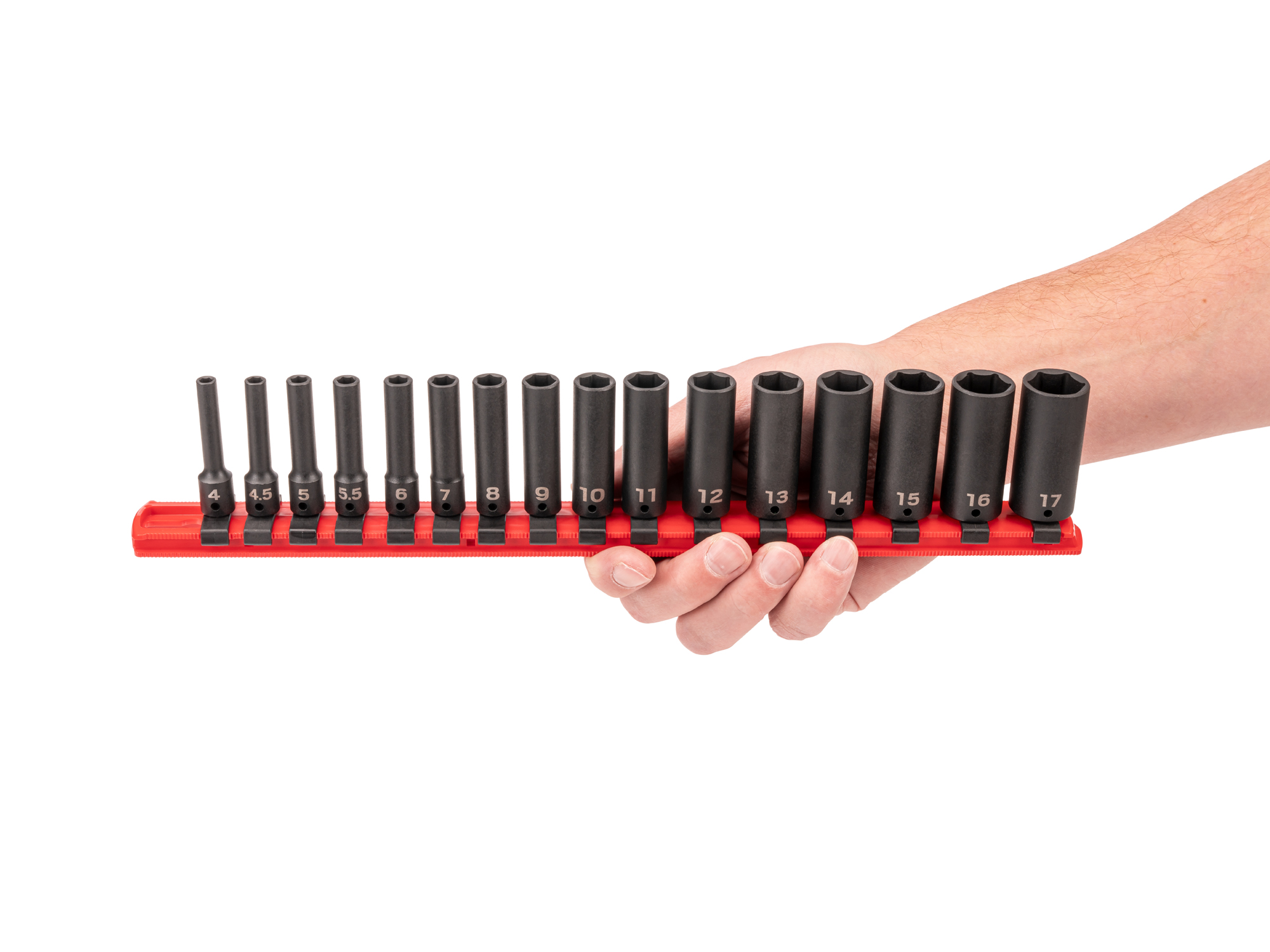 16-piece set includes 4–17 mm (metric) deep 6-point impact sockets with rail organization. No skipped sizes. SID90103.