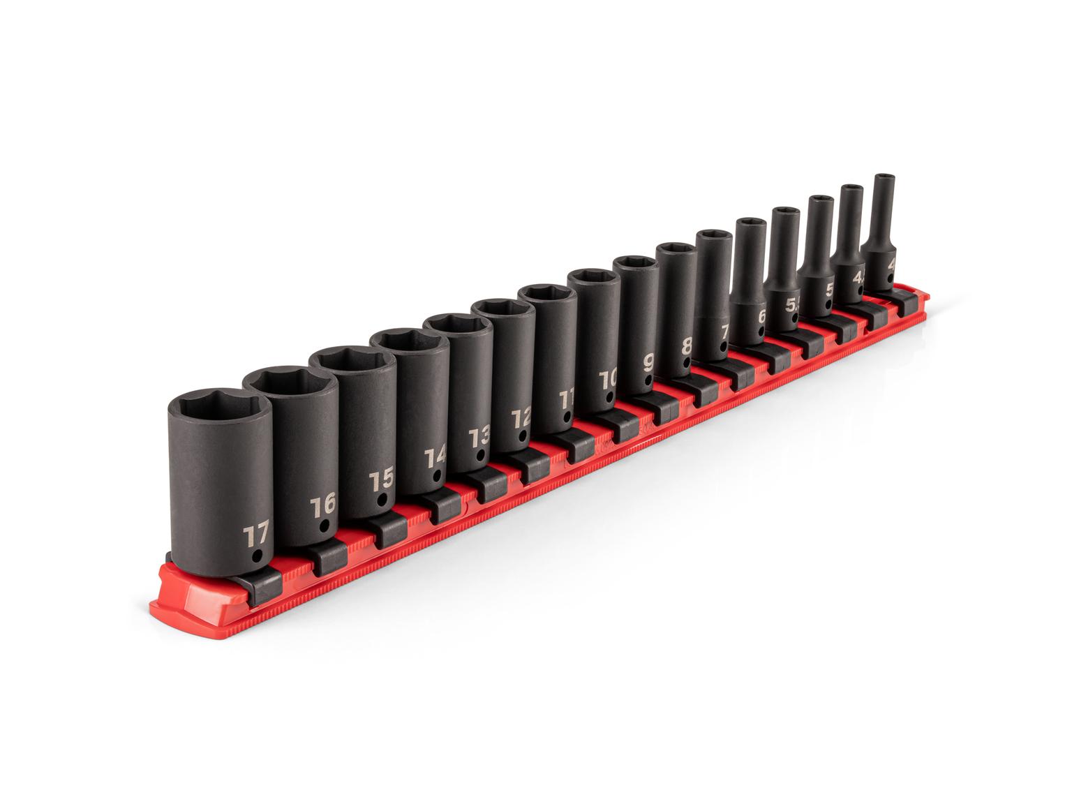 TEKTON 1/4 Inch Drive Semi-Deep 6-Point Impact Socket Set with Rail, 16-Piece (4 - 17 mm)