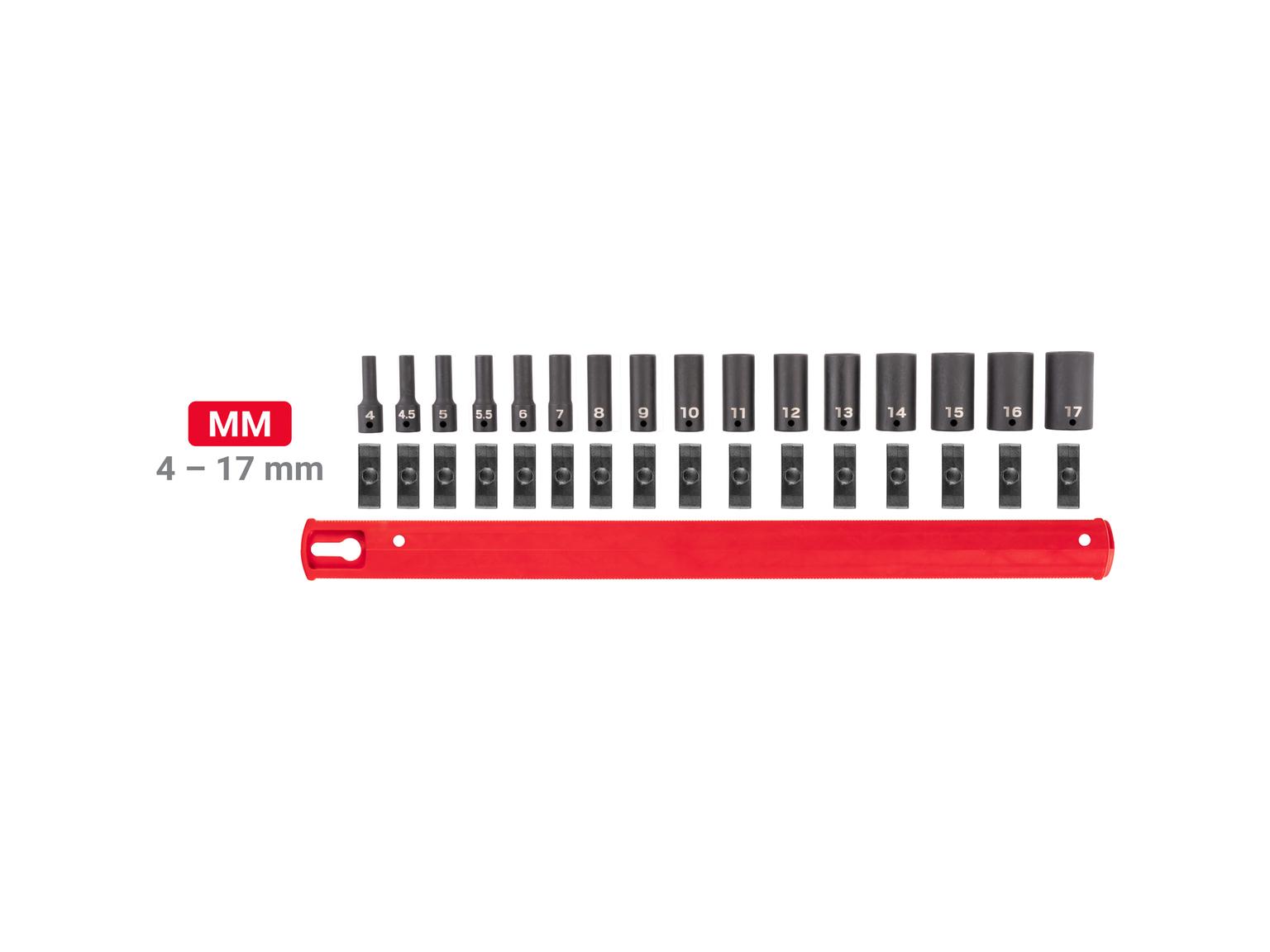 Laid out contents of Tekton rail impact drive 6-point socket set. Item #SID90108