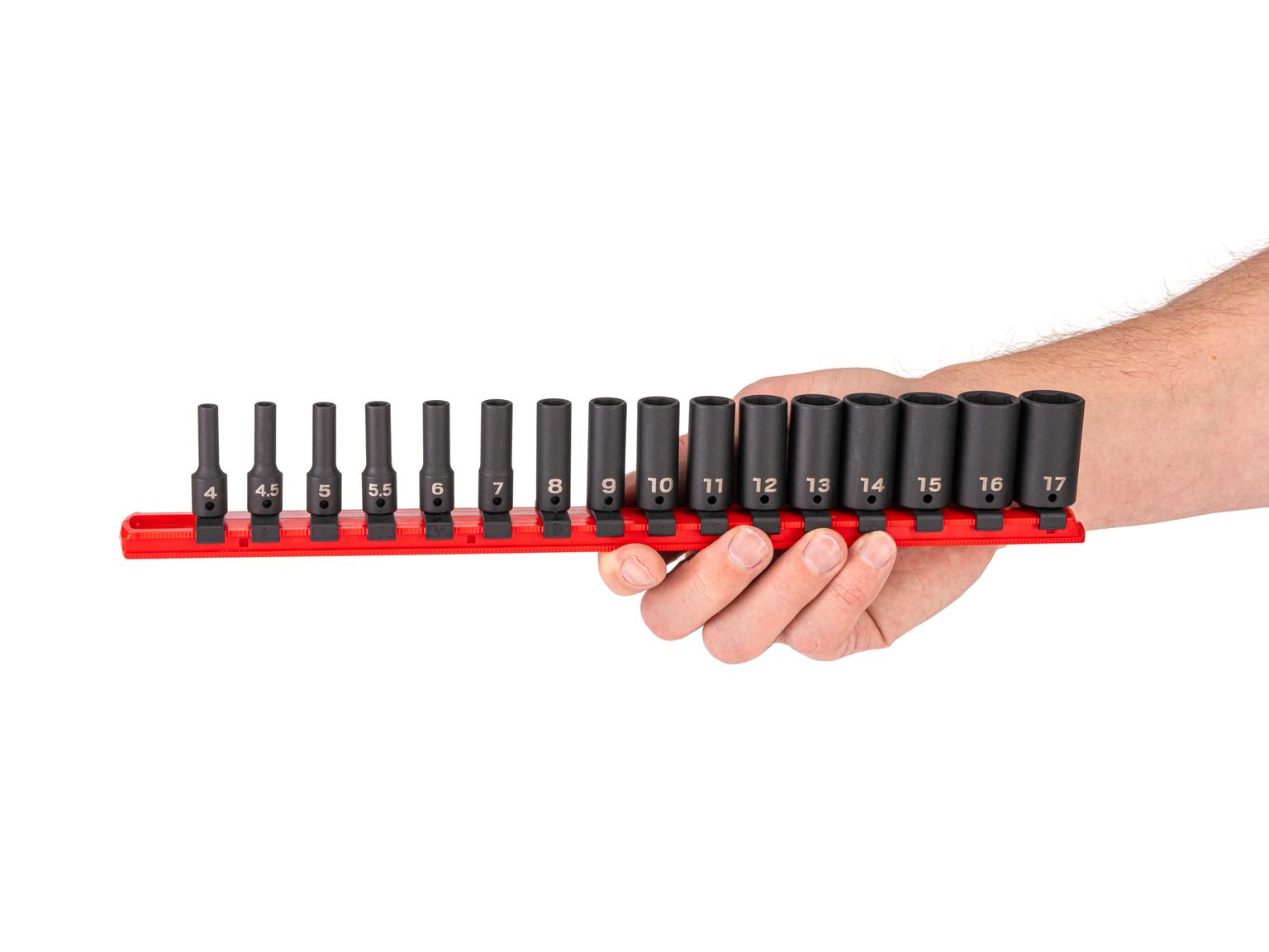 Person holding Tekton rail impact drive 6-point socket set. Item #SID90108
