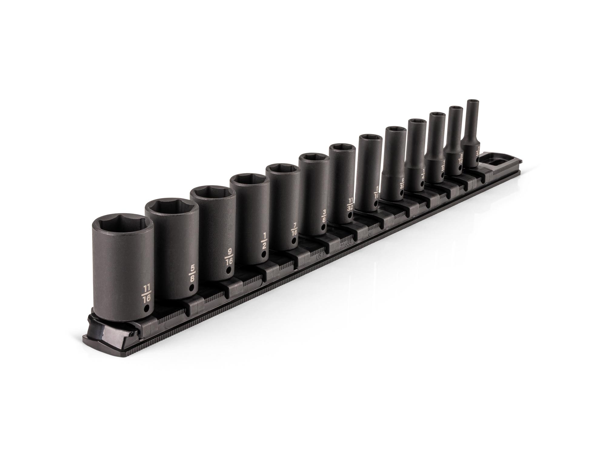 1/4 Inch Drive Semi-Deep 6-Point Impact Socket Set with Rail (13-Piece)