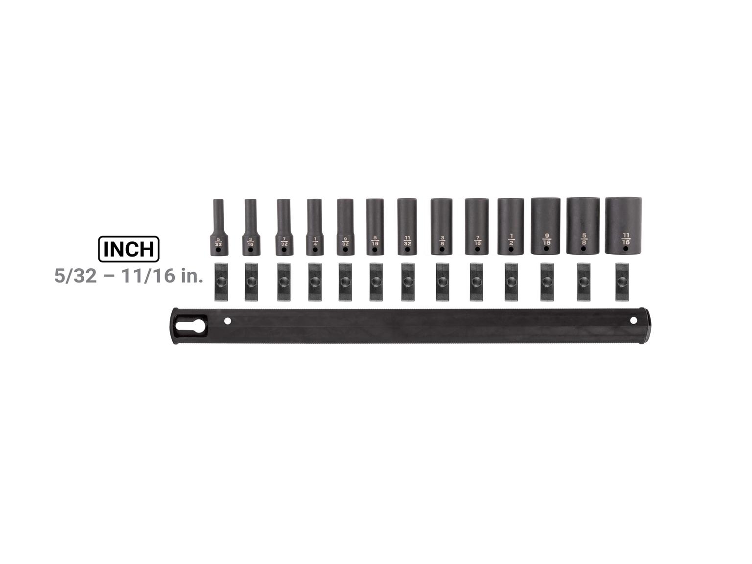 Laid out contents of Tekton rail impact drive 6-point socket set. Item #SID90109