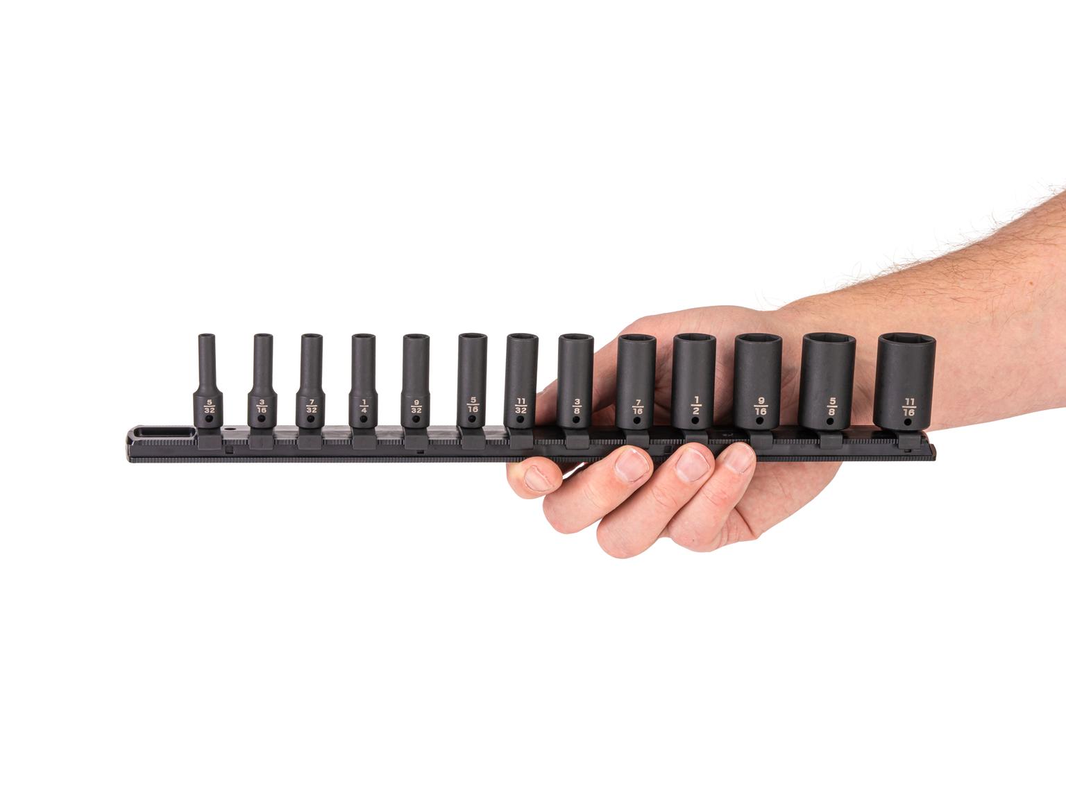 Person holding Tekton rail impact drive 6-point socket set. Item #SID90109