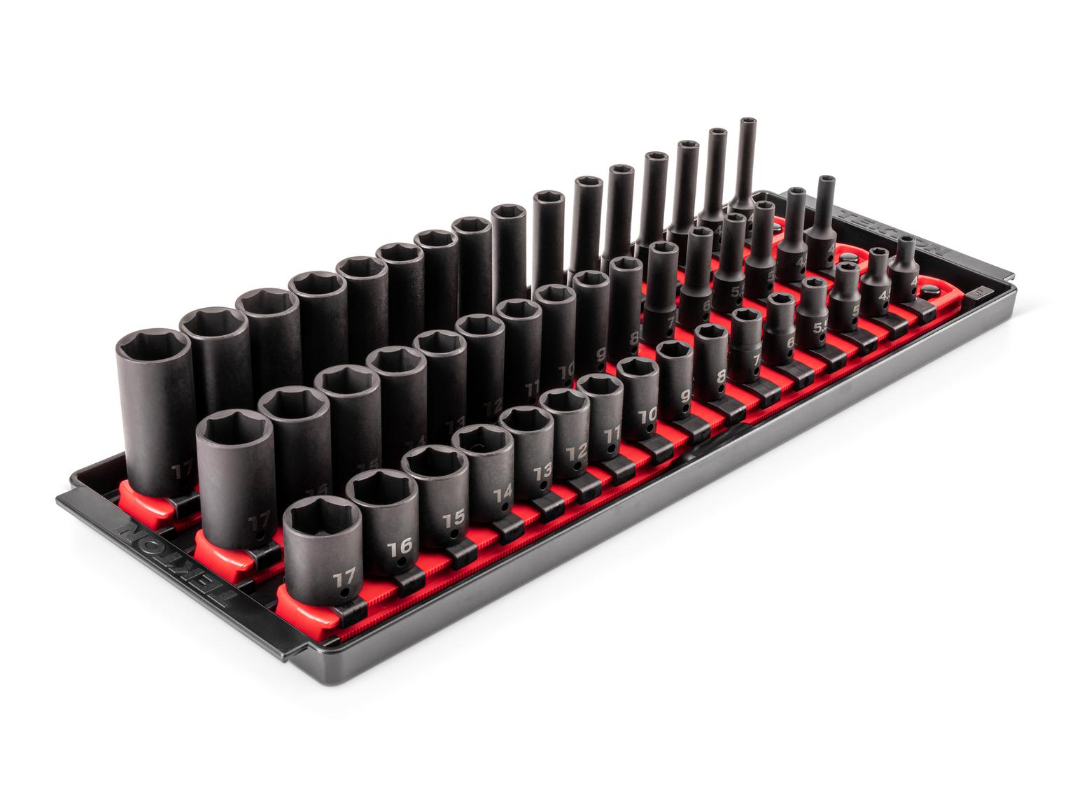TEKTON 1/4 Inch Drive Shallow, Semi-Deep, and Deep 6-Point Impact Socket Set with Rails and Trays, 49-Piece (4 - 17 mm)