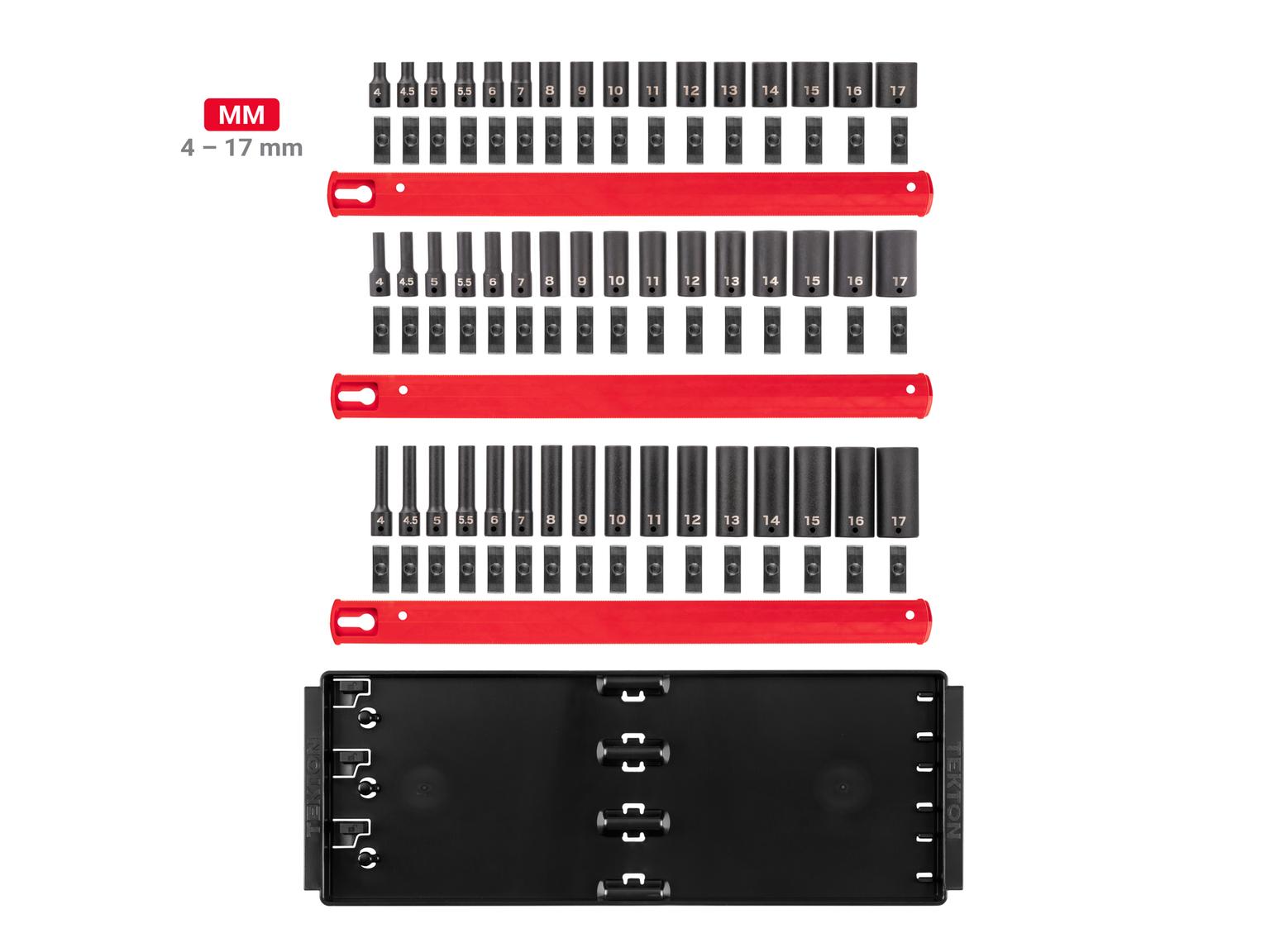 Laid out contents of Tekton rail and tray impact drive 6-point socket set. Item #SID90112
