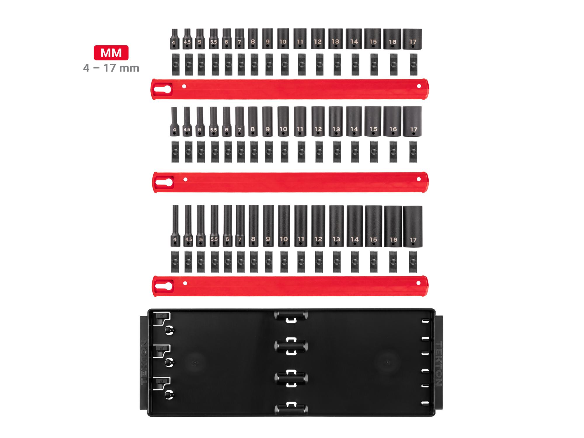 Laid out contents of Tekton rail and tray impact drive 6-point socket set. Item #SID90112