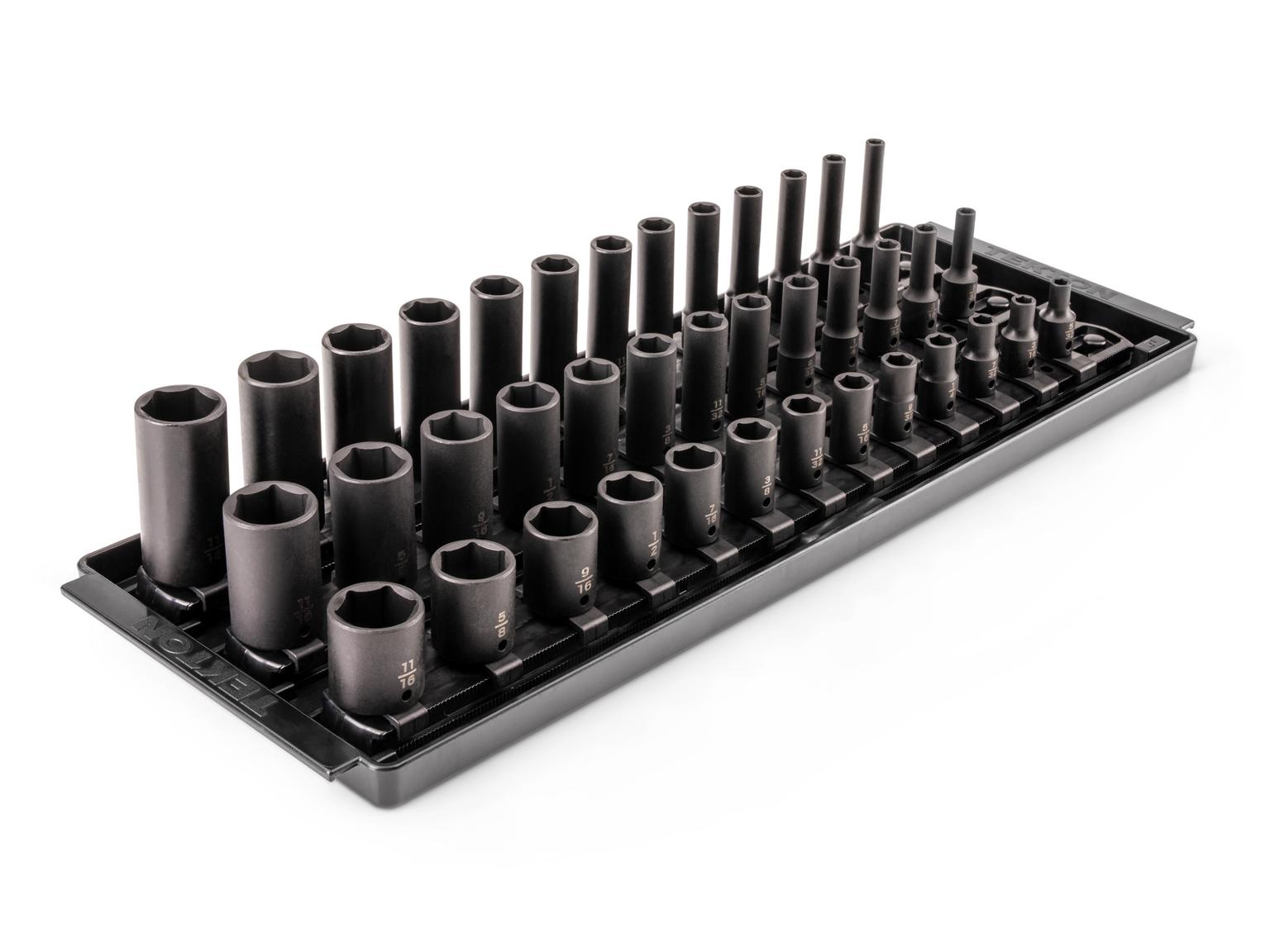 Front-right angle view of Tekton rail and tray impact drive 6-point socket set. Item #SID90113