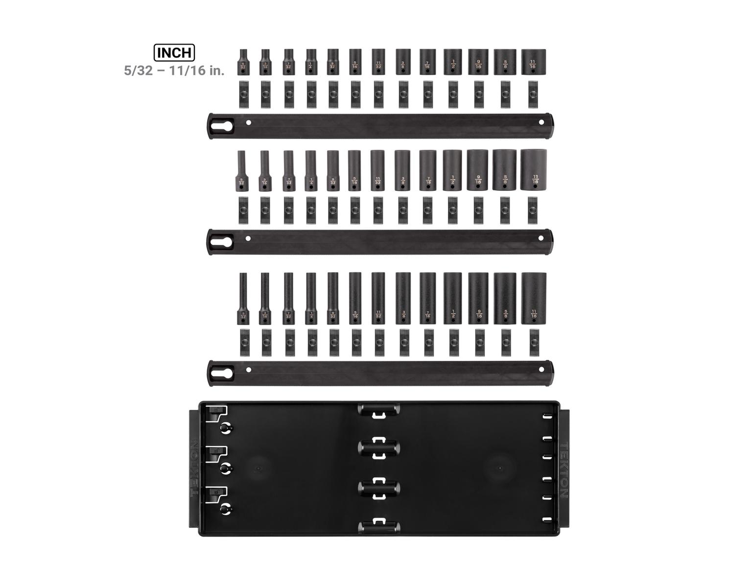 Laid out contents of Tekton rail and tray impact drive 6-point socket set. Item #SID90113