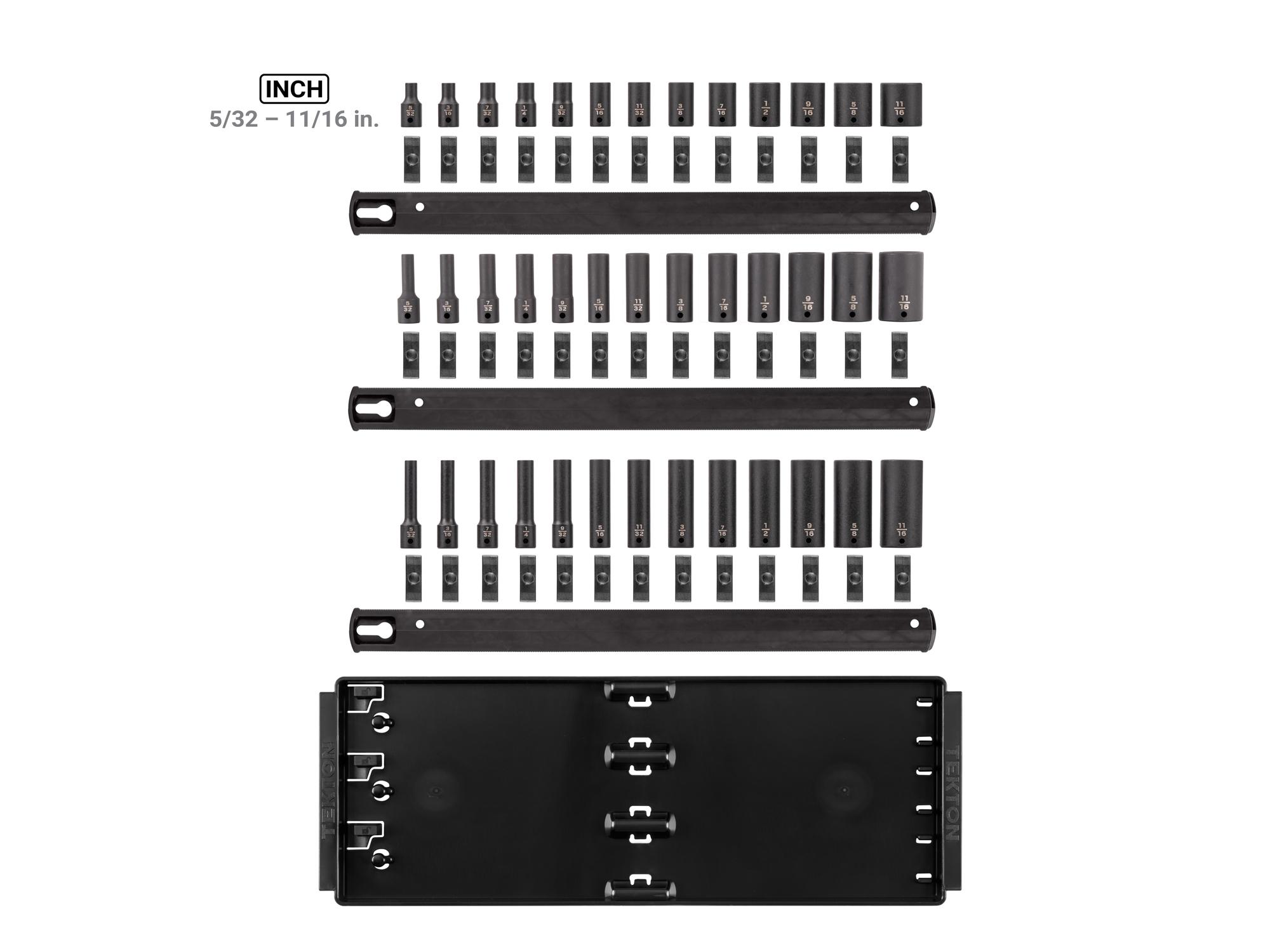 Laid out contents of Tekton rail and tray impact drive 6-point socket set. Item #SID90113
