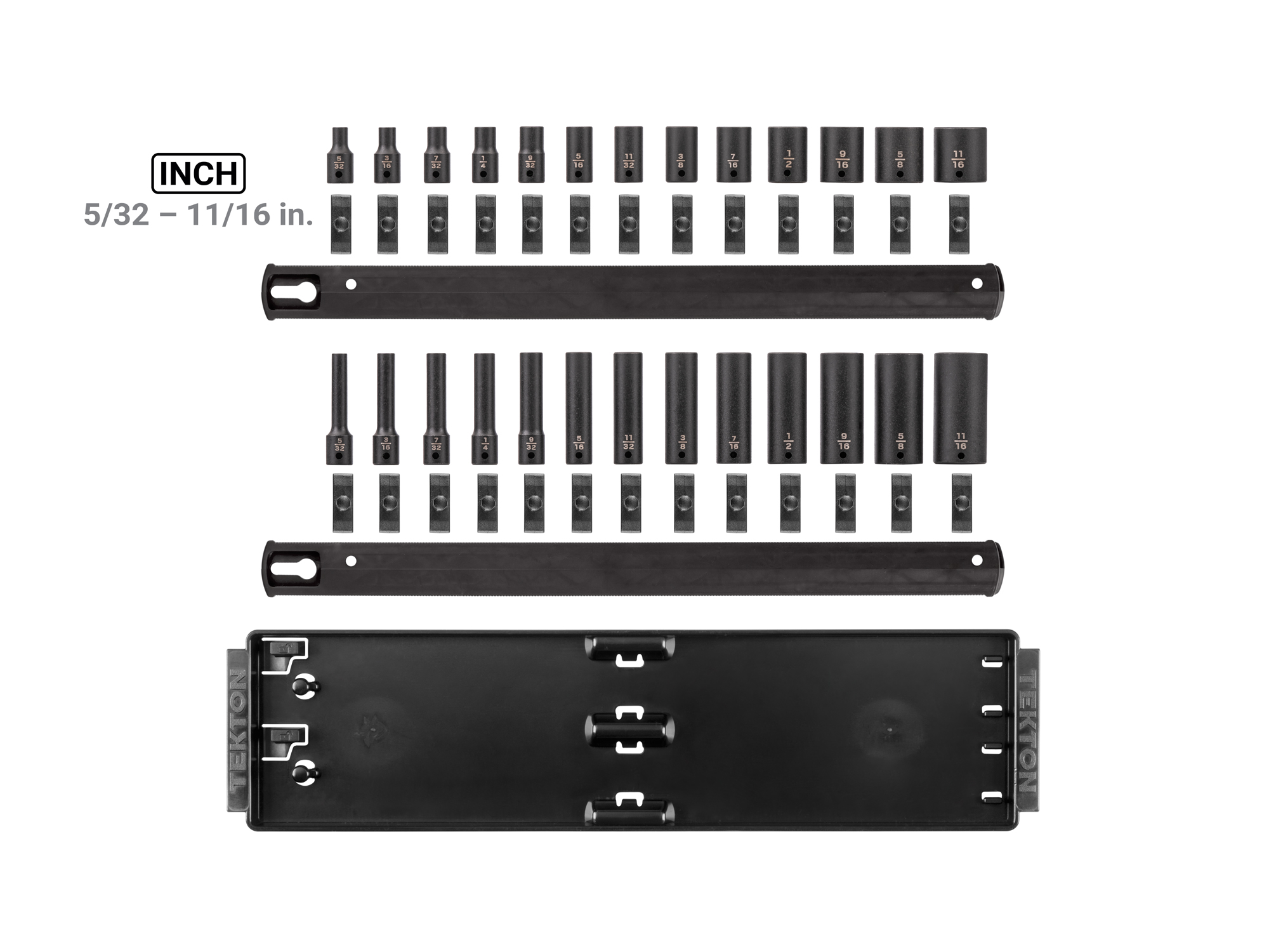 26-piece set includes 5/32–11/16 inch (SAE) standard and deep length 6-point impact sockets with rail and tray organization. No skipped sizes. SID90200.