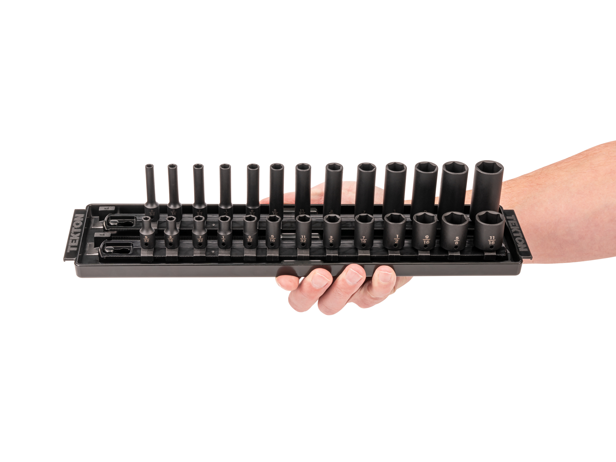 26-piece set includes 5/32–11/16 inch (SAE) standard and deep length 6-point impact sockets with rail and tray organization. No skipped sizes. SID90200.