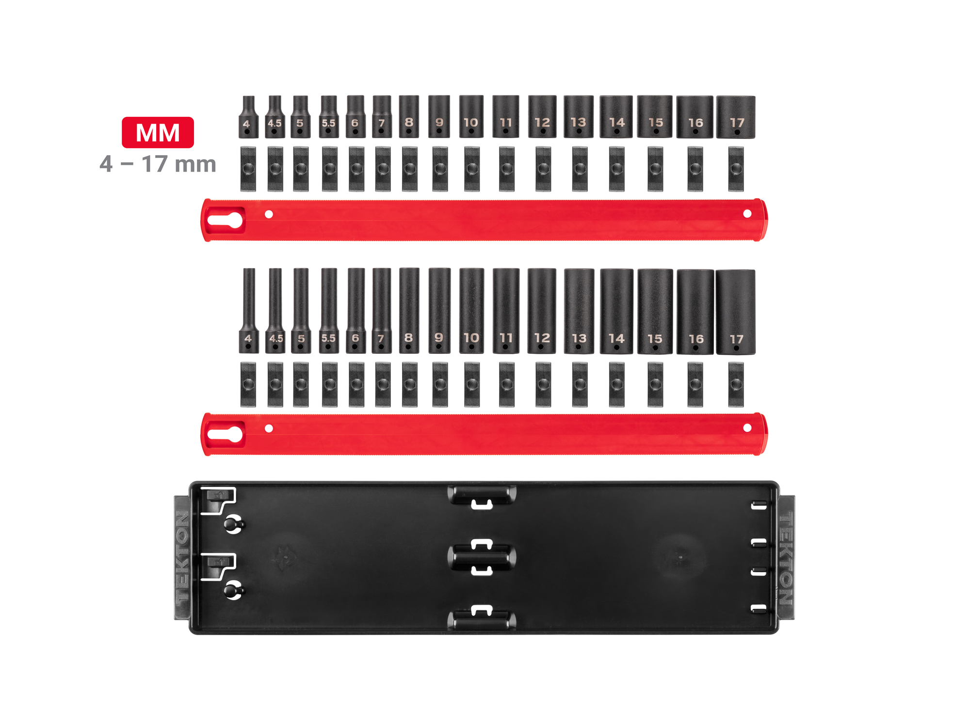 32-piece set includes 4–17 mm (metric) standard and deep length 6-point impact sockets with rail and tray organization. No skipped sizes. SID90201.