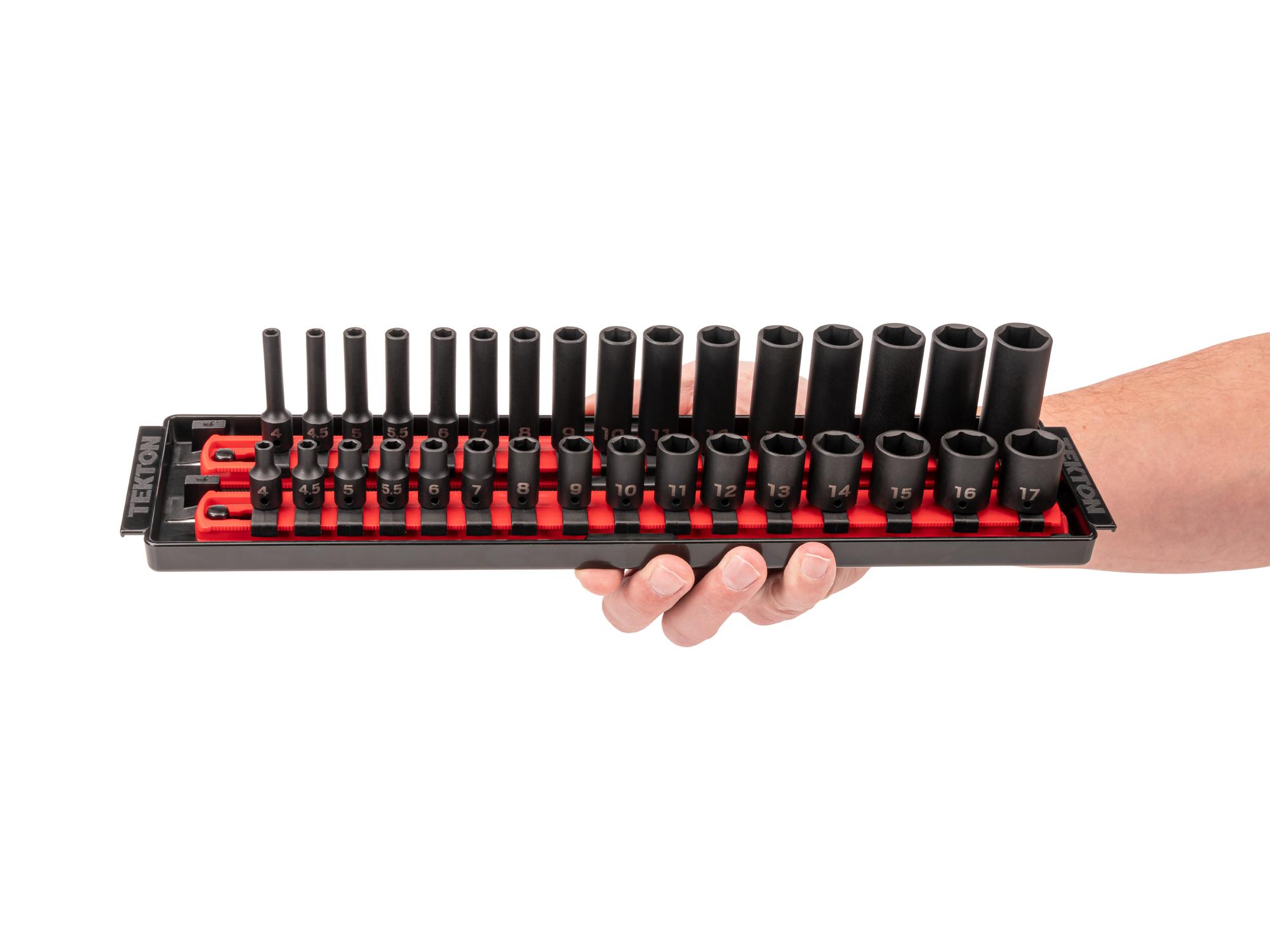 Person holding Tekton rail impact drive 6-point socket set. Item #SID90201