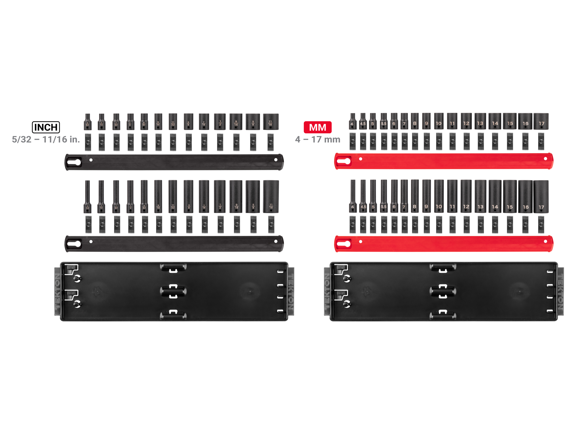 58-piece set includes 5/32–11/16 inch (SAE) and 4–17 mm (metric) standard and deep length 6-point impact sockets with rail and tray organization. SID90202.