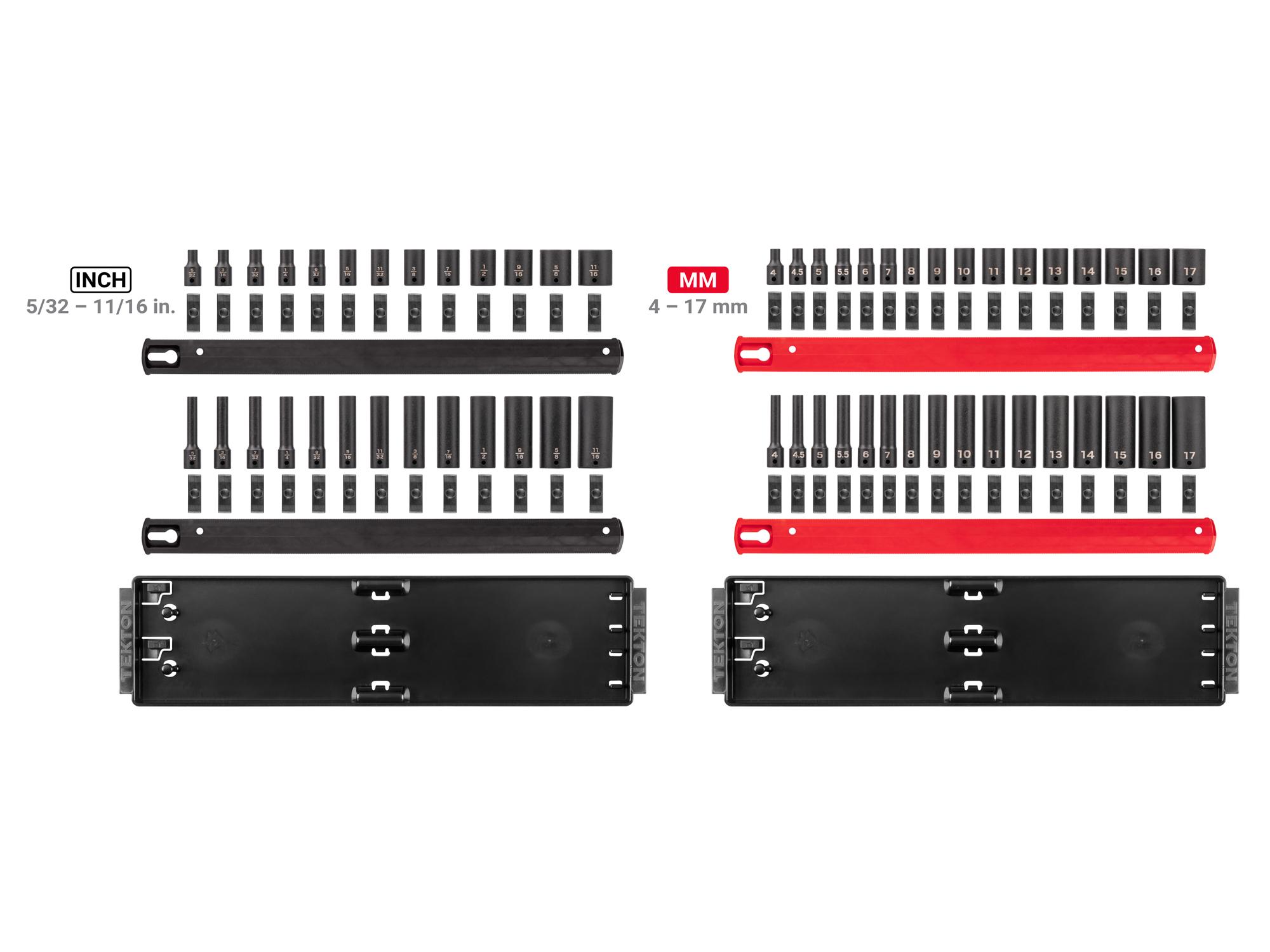 Laid out contents of Tekton rail and tray impact drive 6-point socket set. Item #SID90202
