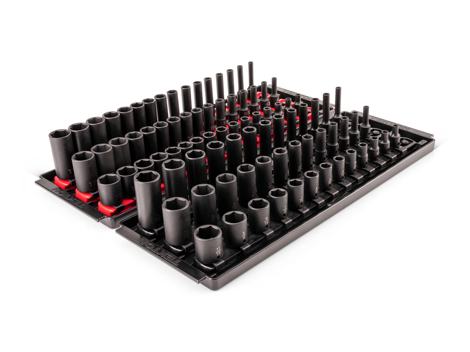 TEKTON 1/4 Inch Drive Shallow, Semi-Deep, and Deep 6-Point Impact Socket Set with Rails and Trays, 87-Piece (5/32 - 11/16 in., 4 - 17 mm)