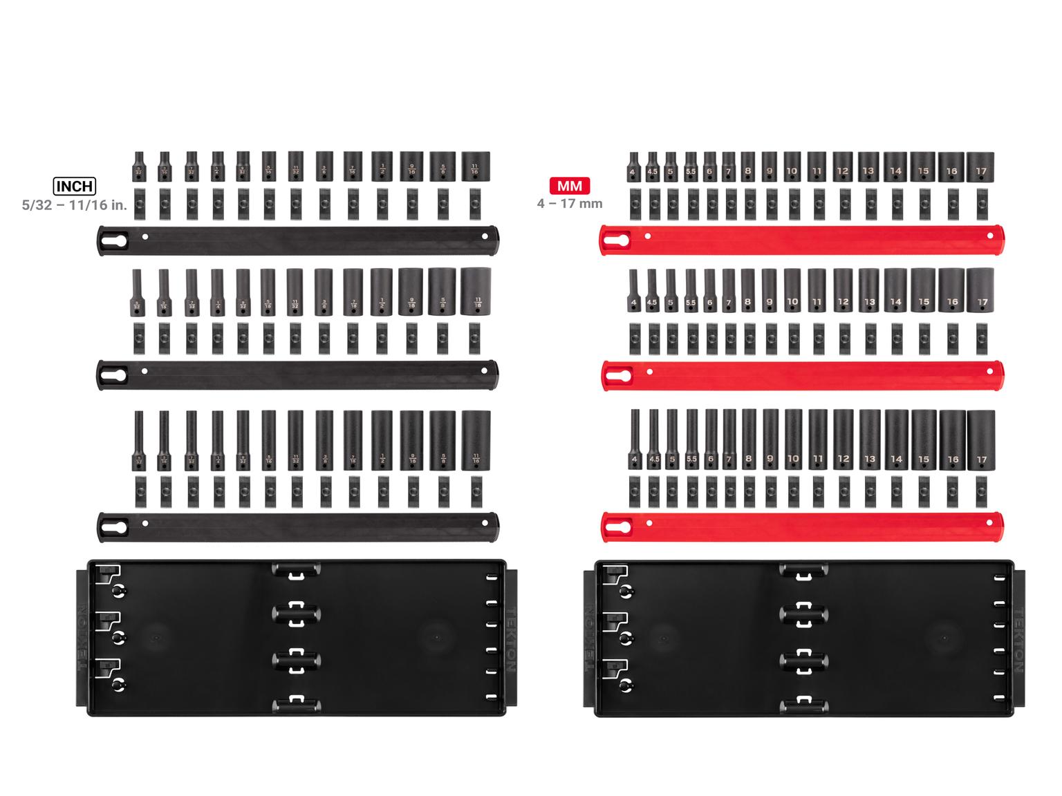 Laid out contents of Tekton rail and tray impact drive 6-point socket set. Item #SID90206
