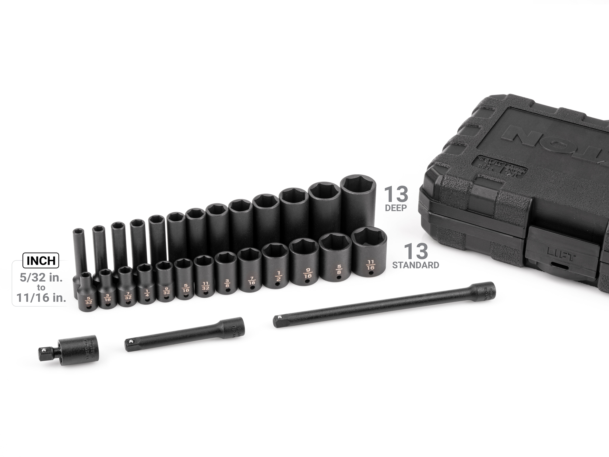 29-piece set includes 5/32–11/16 inch (SAE) standard and deep length 6-point impact sockets, extensions, and impact universal joint in carrying case. SID90401.