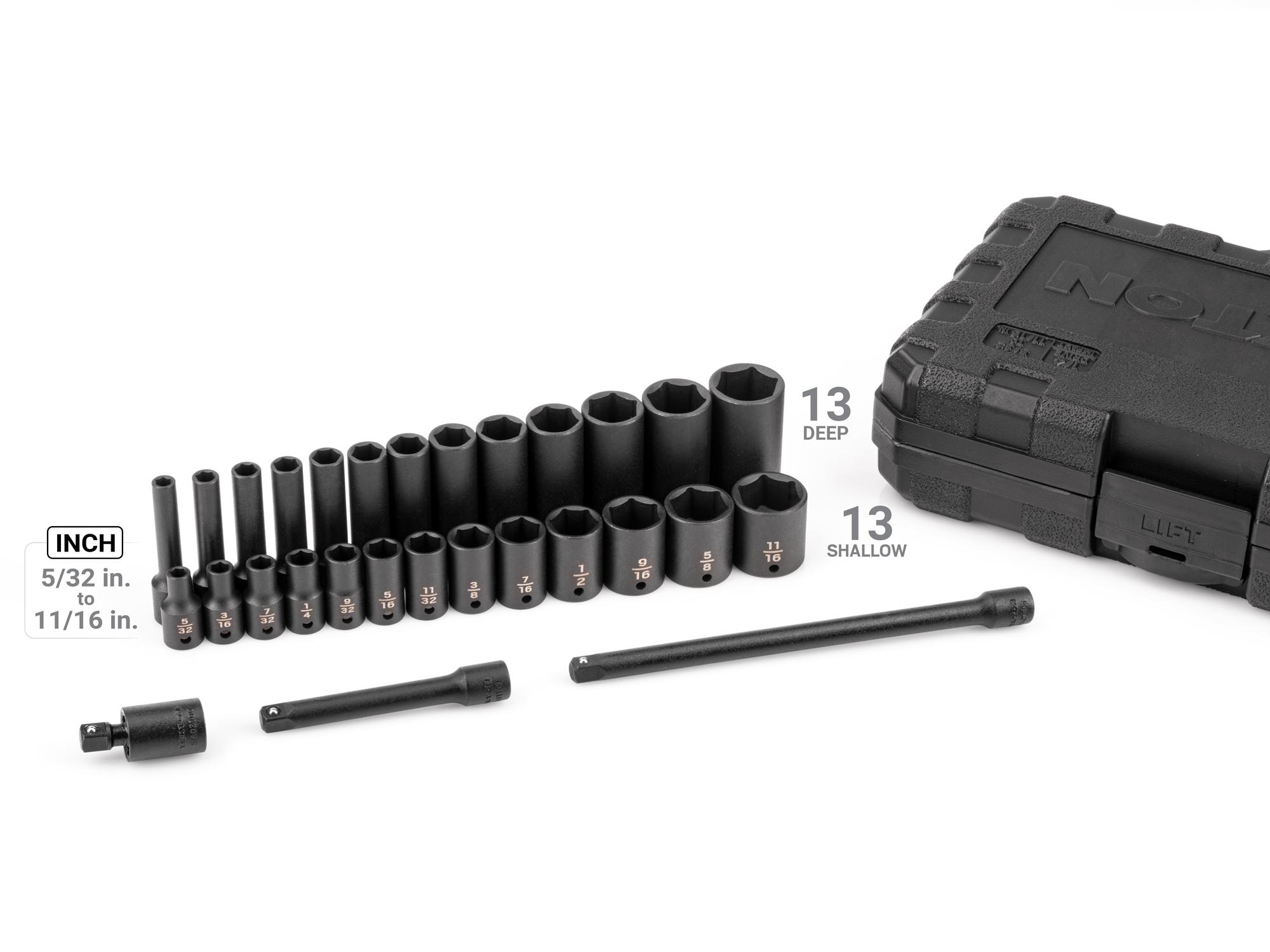 Laid out contents of Tekton case impact drive 6-point socket set. Item #SID90401