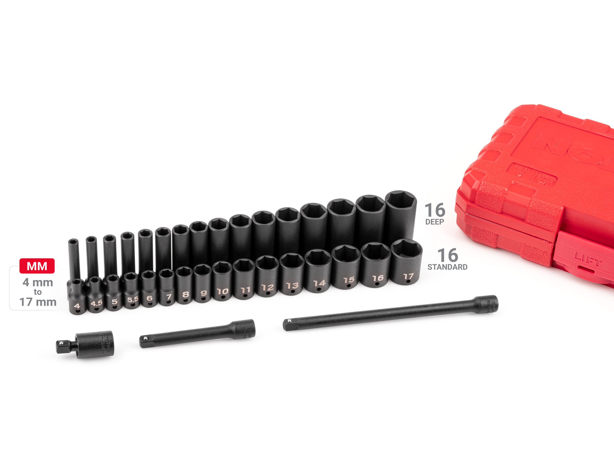 35-piece set includes 4–17 mm (metric) standard and deep length 6-point impact sockets, extensions, and impact universal joint in carrying case. SID90402.