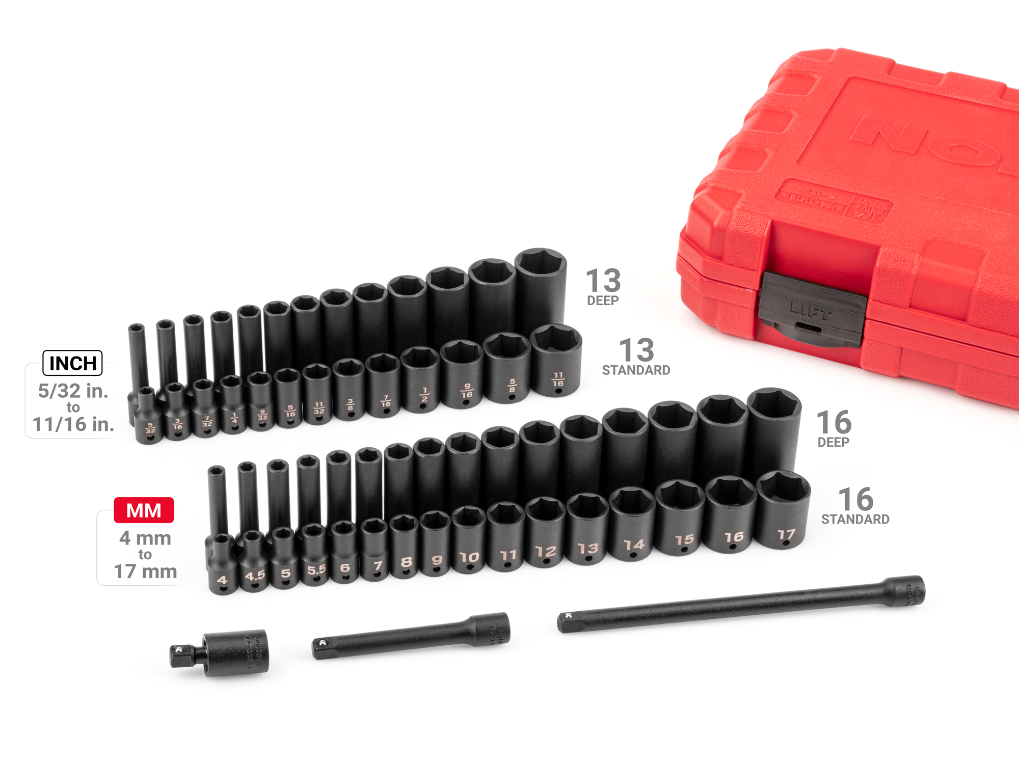 61-piece set includes 5/32–11/16 inch (SAE) and 4–17 mm (metric) standard and deep length 6-point impact sockets and accessories in carrying case. SID90403.