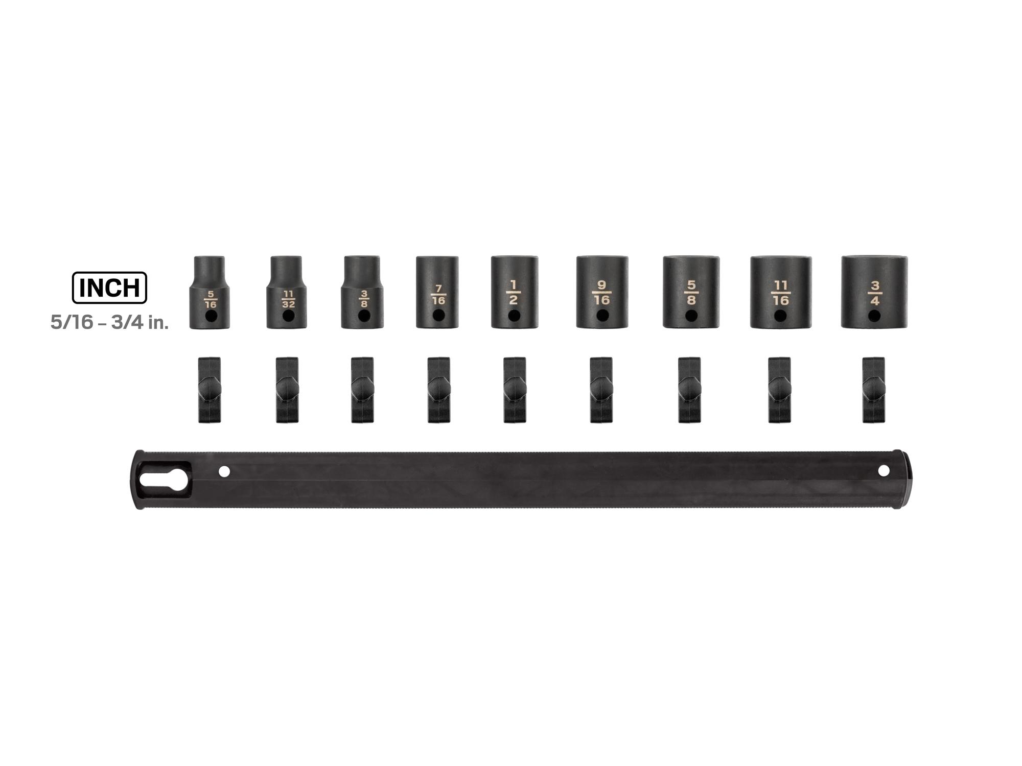 Laid out contents of Tekton rail impact drive 6-point socket set. Item #SID91100