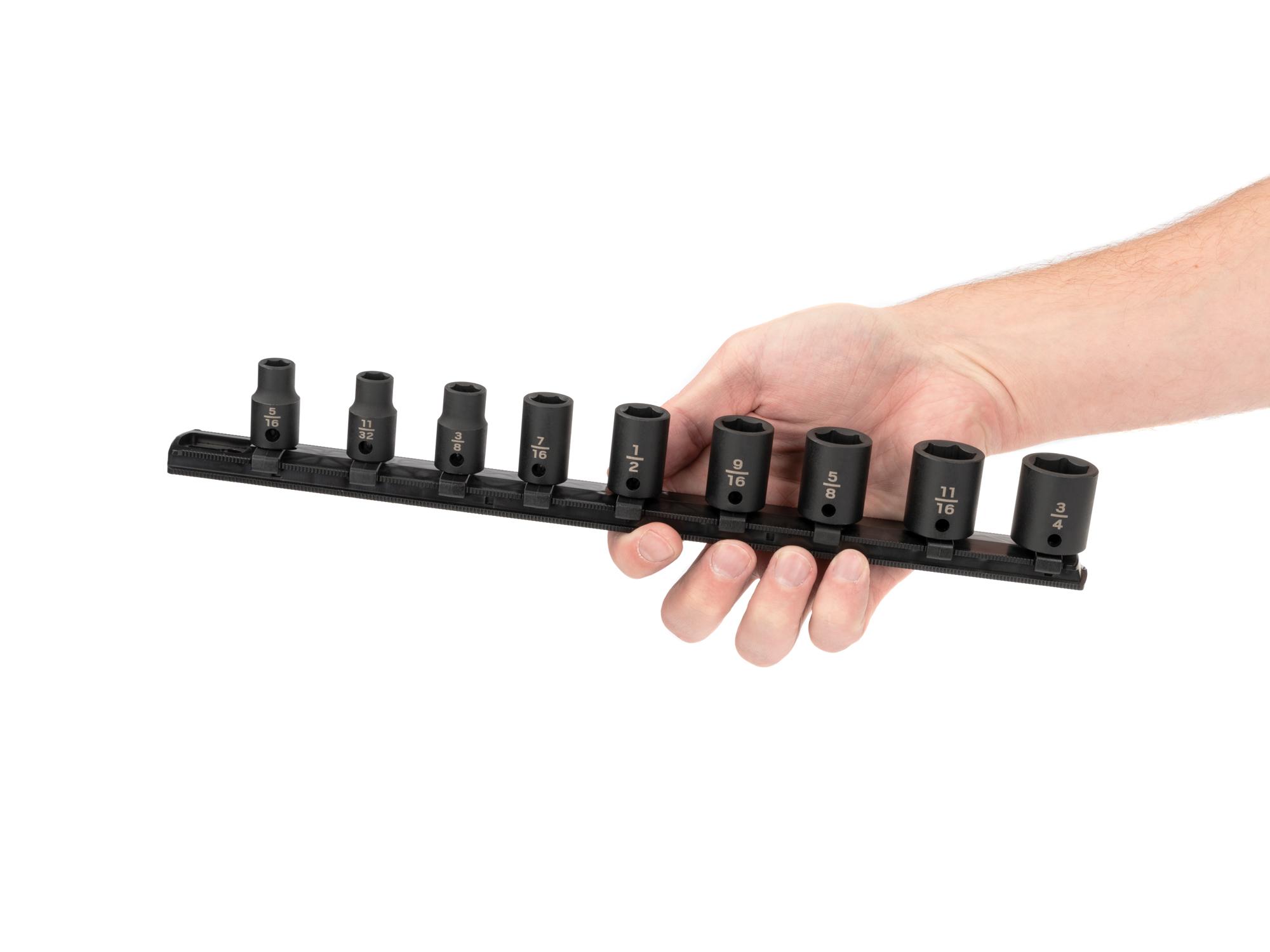Person holding Tekton rail impact drive 6-point socket set. Item #SID91100