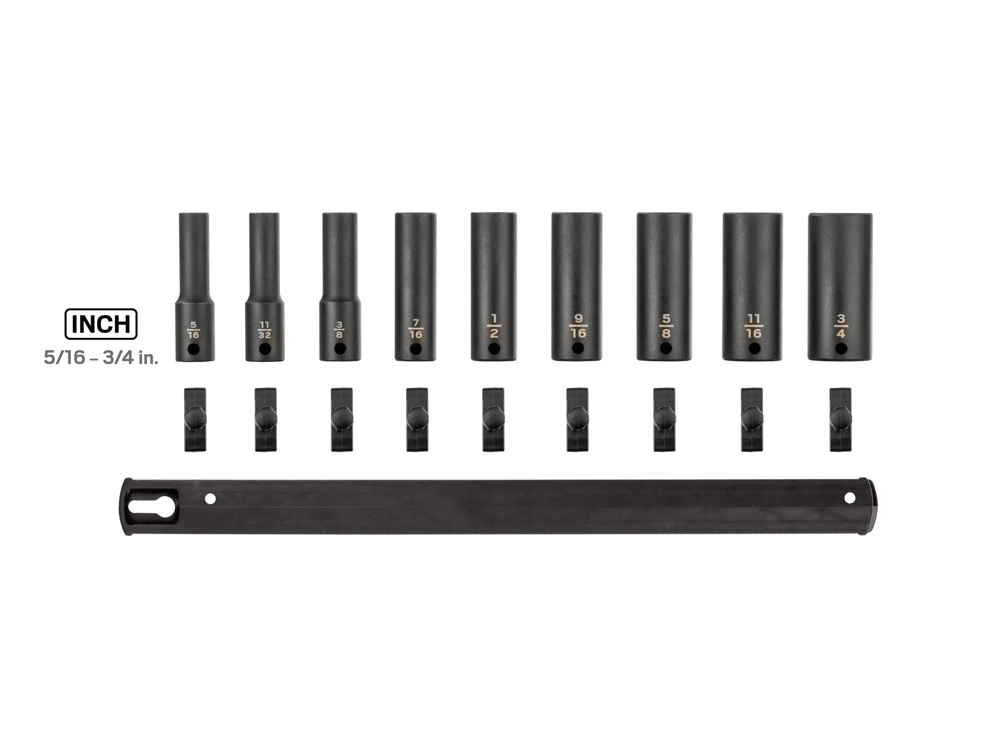 Includes: 5/16 - 3/4 inch (SAE) 6-point deep impact sockets. No skipped sizes. Comes with rail storage. SID91101.