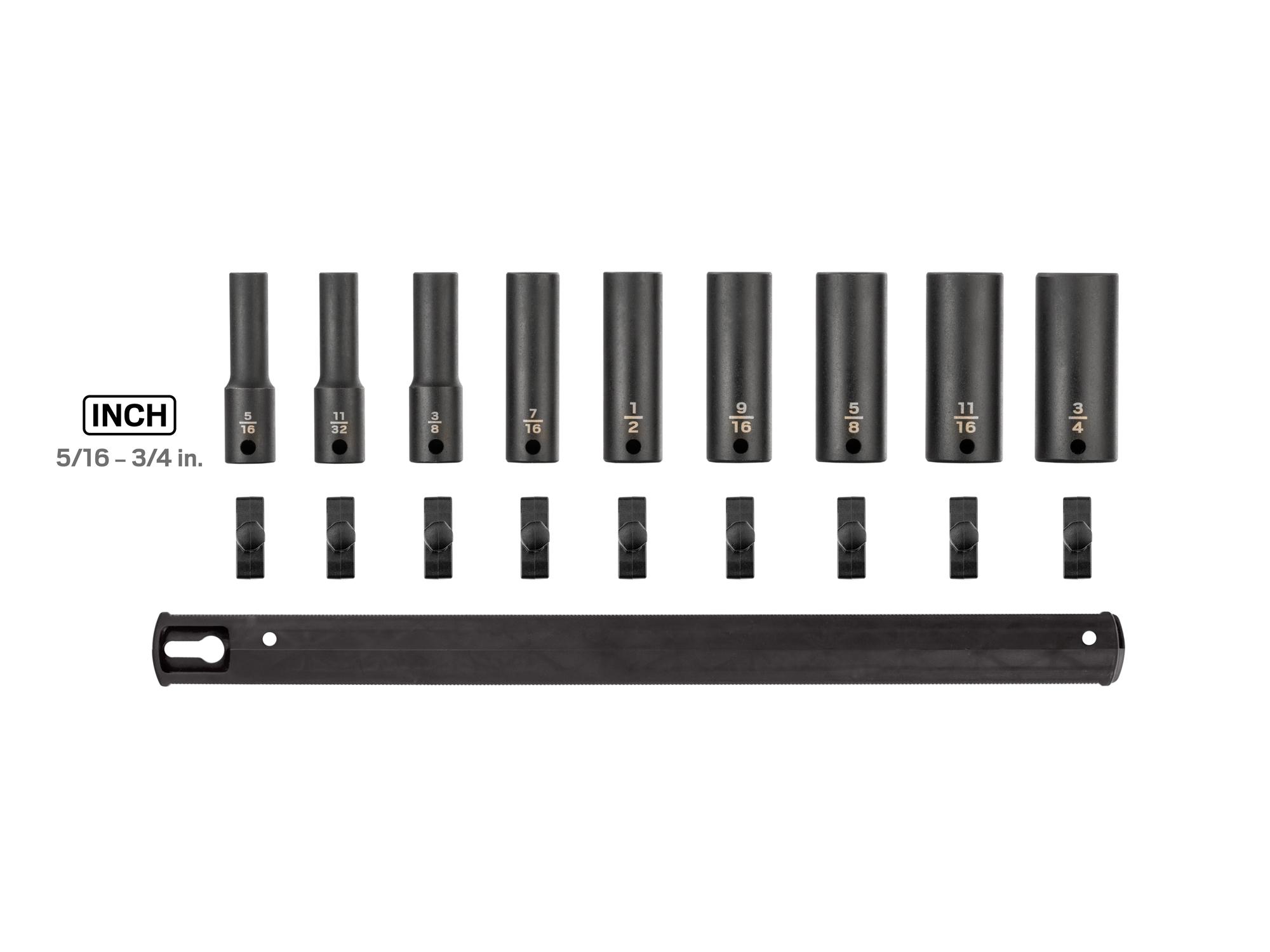 Laid out contents of Tekton rail impact drive 6-point socket set. Item #SID91101