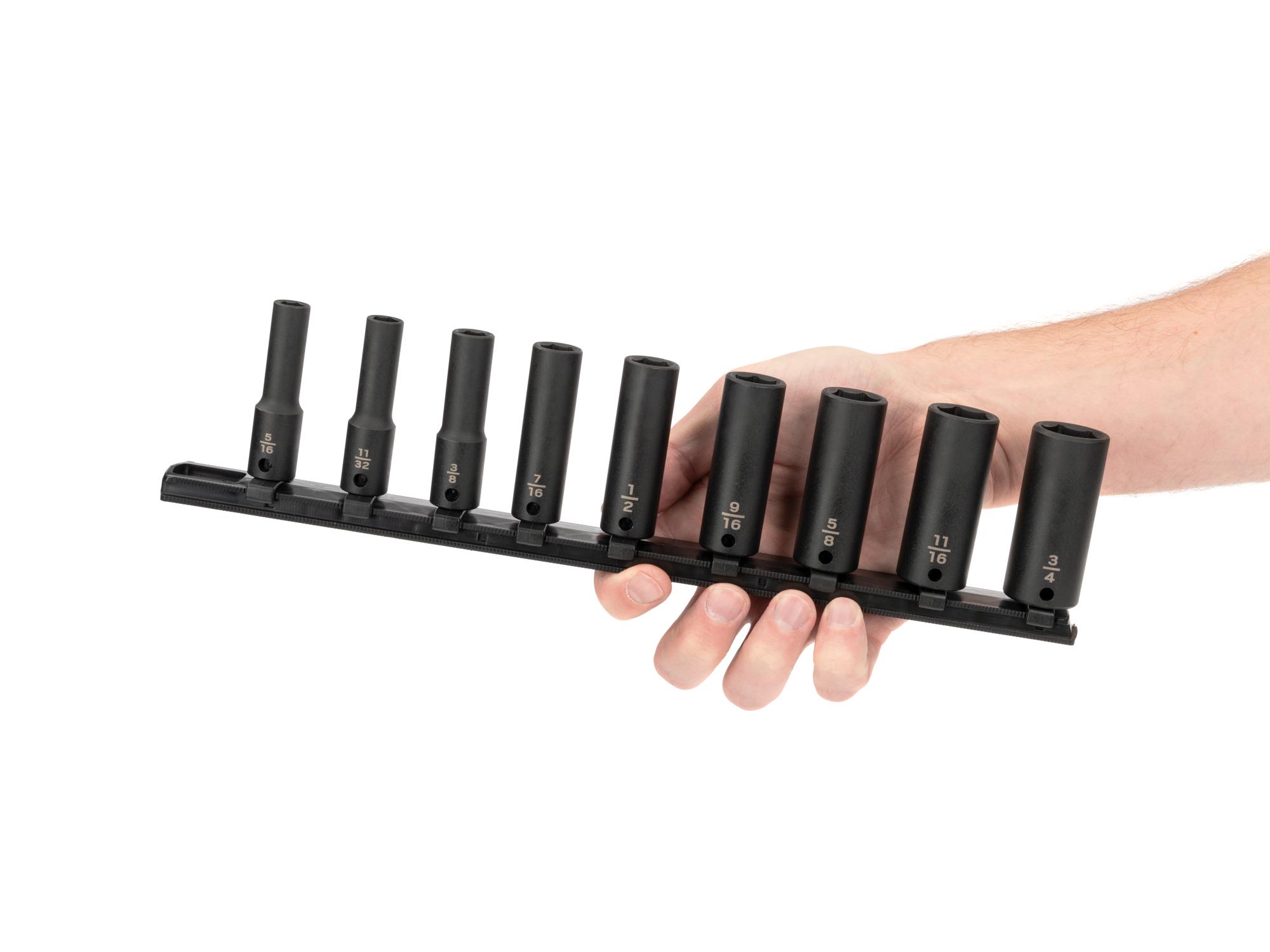 Person holding Tekton rail impact drive 6-point socket set. Item #SID91101