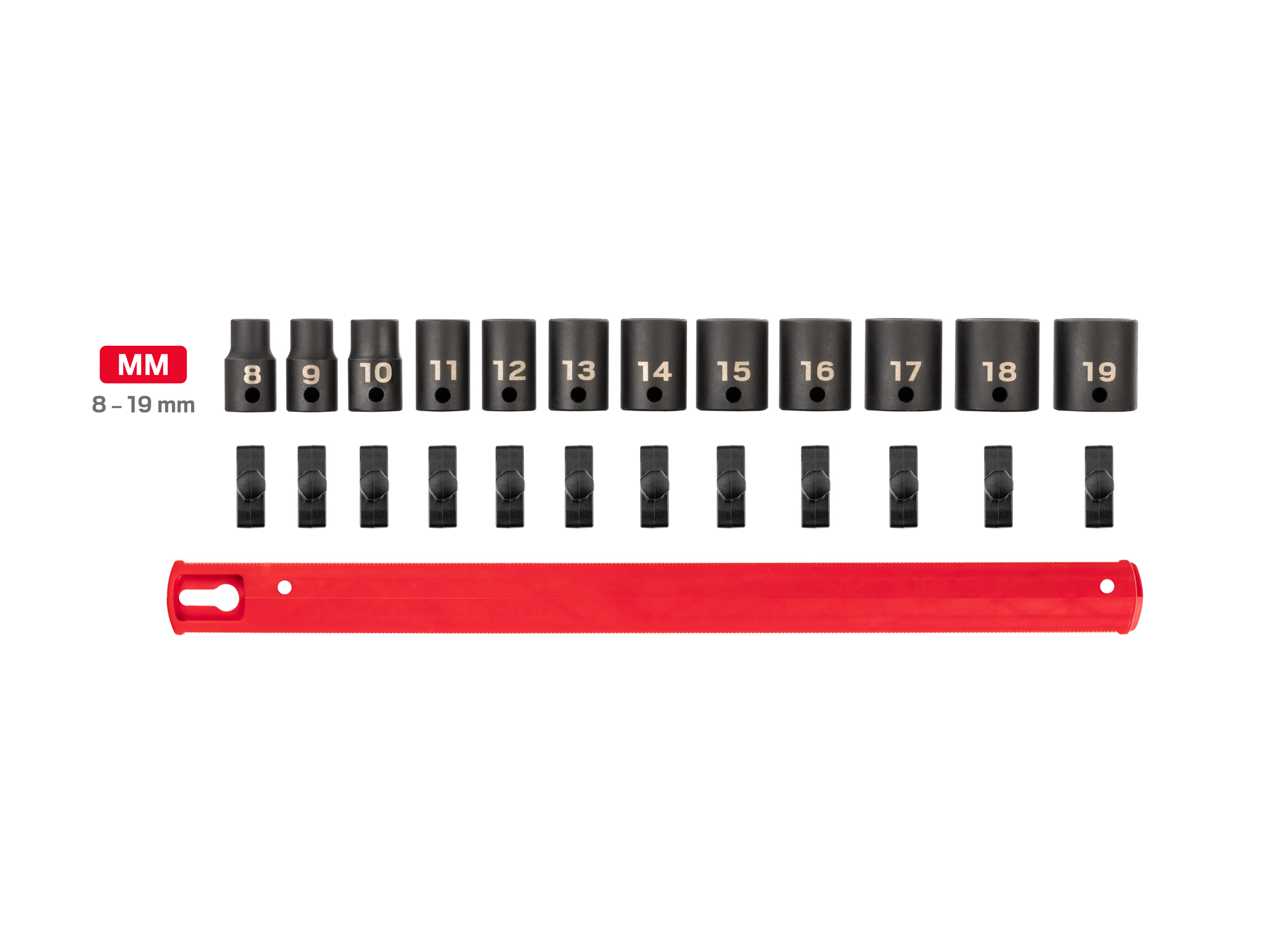 Includes: 8 - 19 mm (Metric) 6-point standard-length impact sockets. No skipped sizes. Comes with rail storage. SID91102.