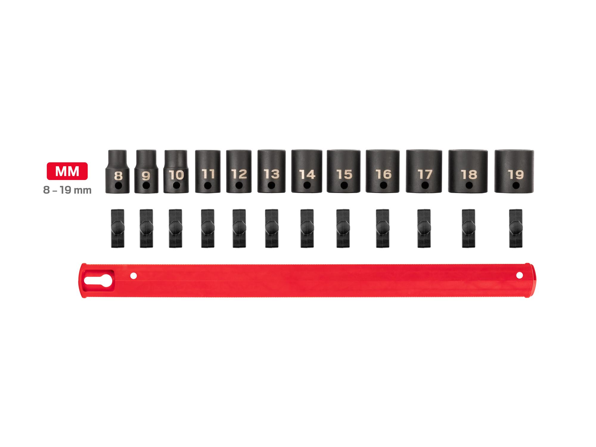 Laid out contents of Tekton rail impact drive 6-point socket set. Item #SID91102