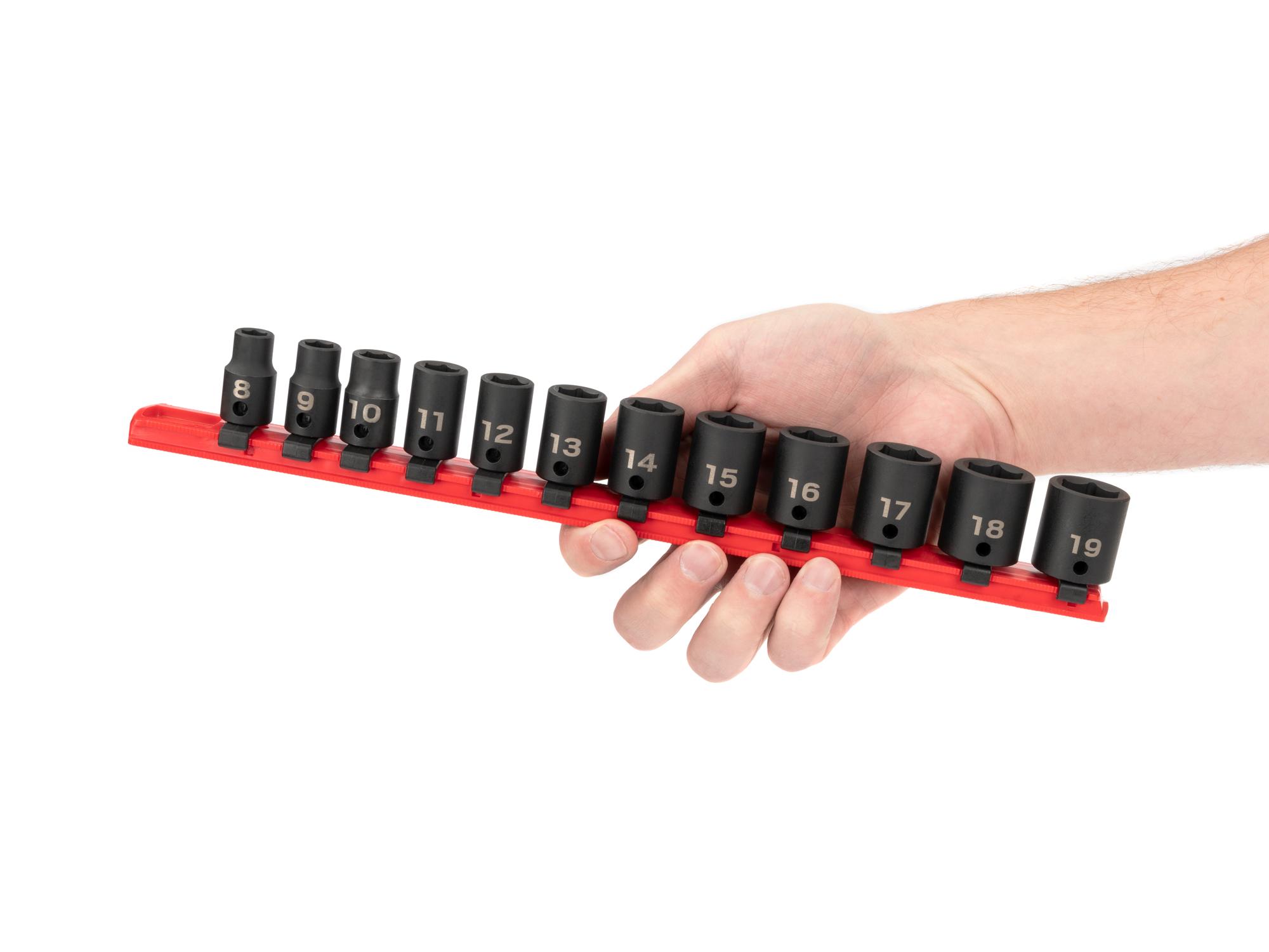 Person holding Tekton rail impact drive 6-point socket set. Item #SID91102