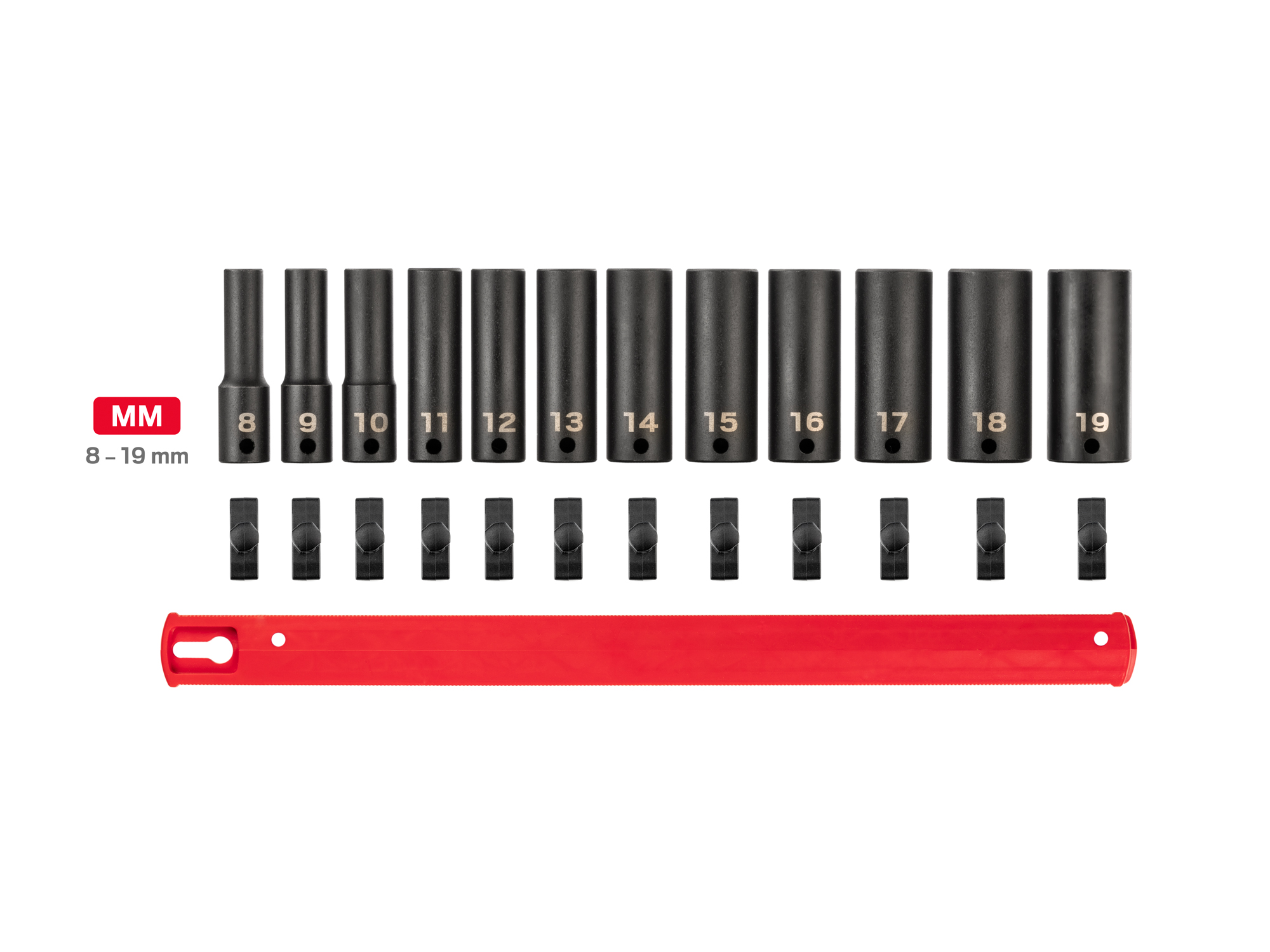 Includes: 8 - 19 mm (Metric) 6-point deep impact sockets. No skipped sizes. Comes with rail storage. SID91103.