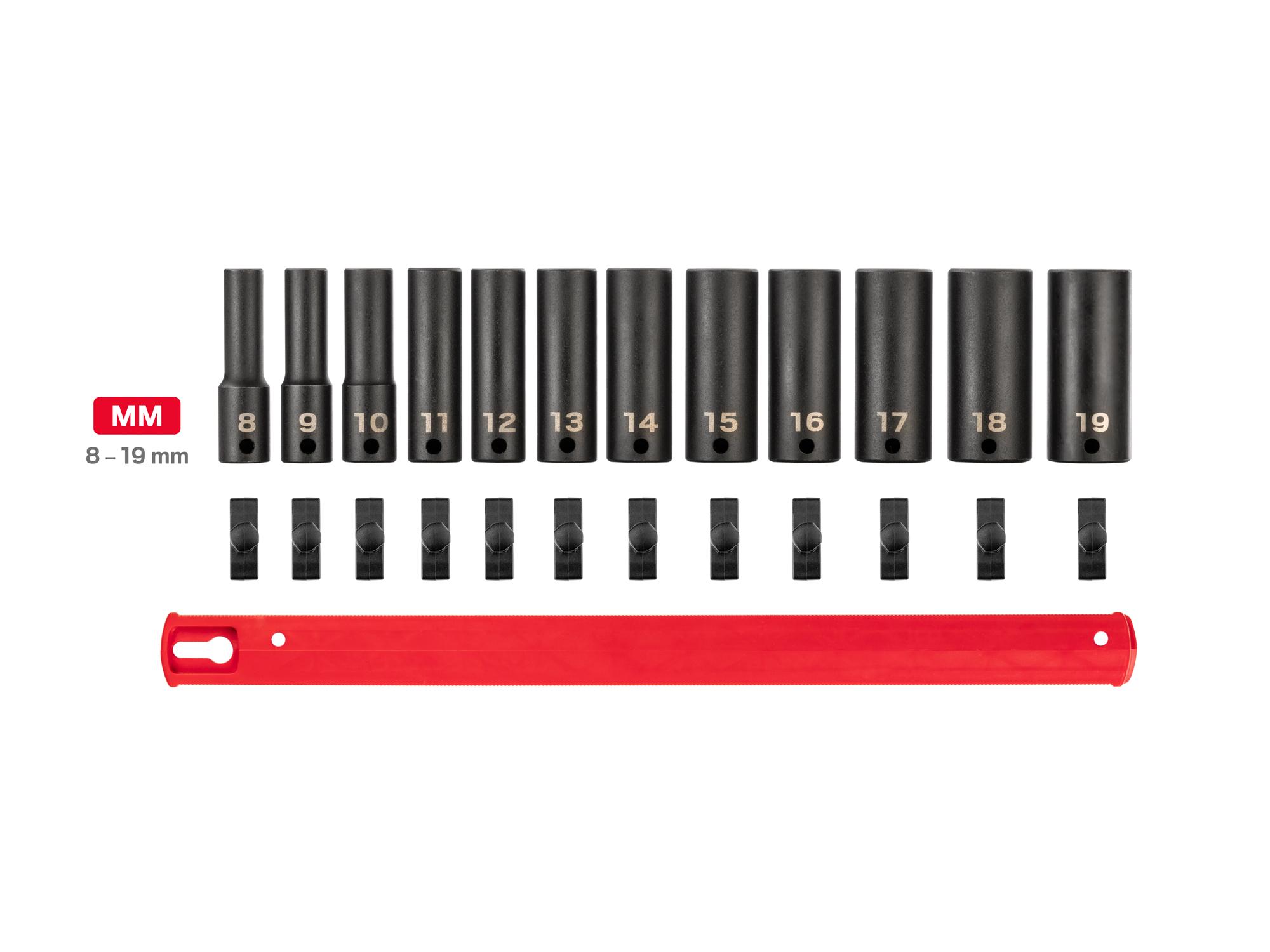 Laid out contents of Tekton rail impact drive 6-point socket set. Item #SID91103