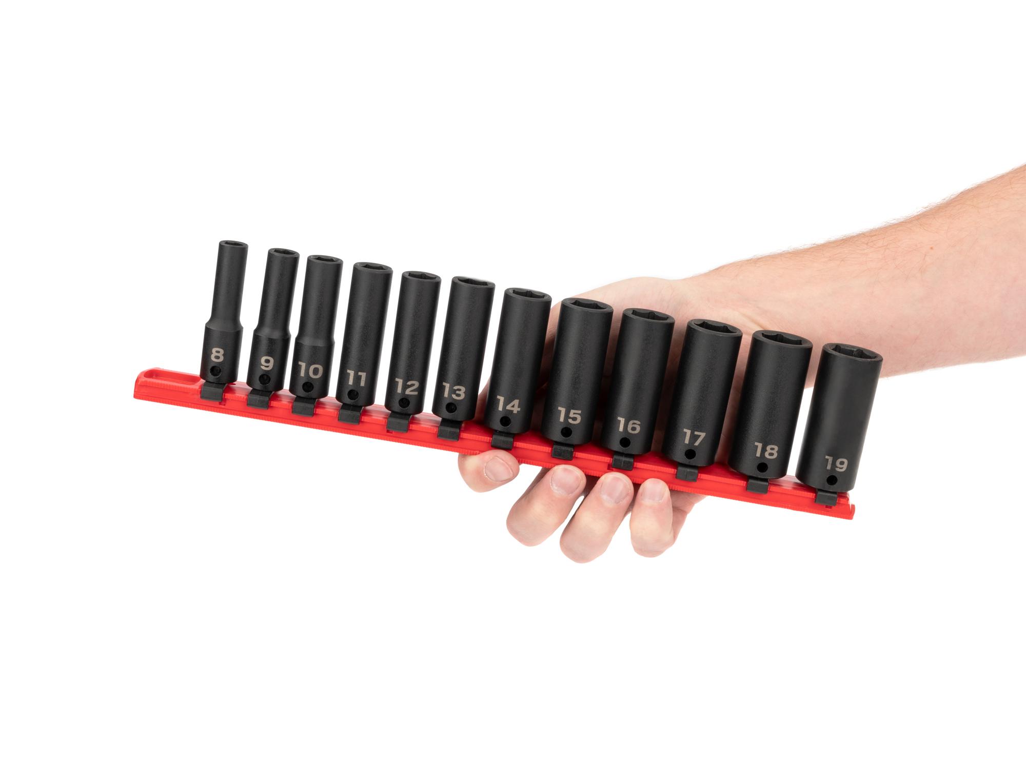 Person holding Tekton rail impact drive 6-point socket set. Item #SID91103