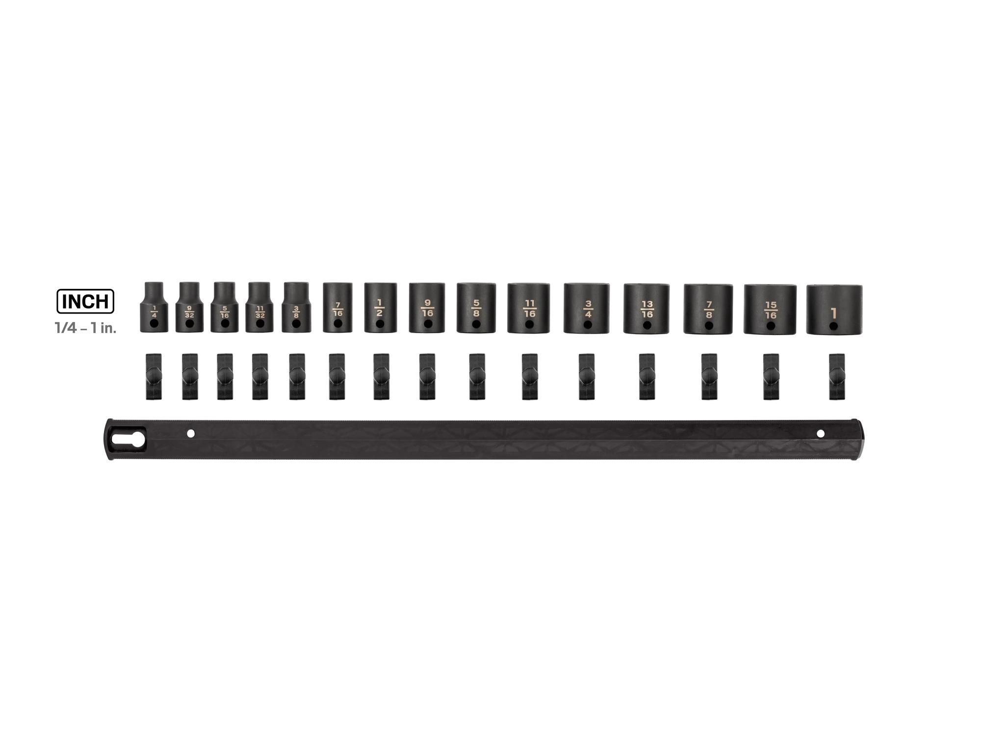 Laid out contents of Tekton rail impact drive 6-point socket set. Item #SID91104
