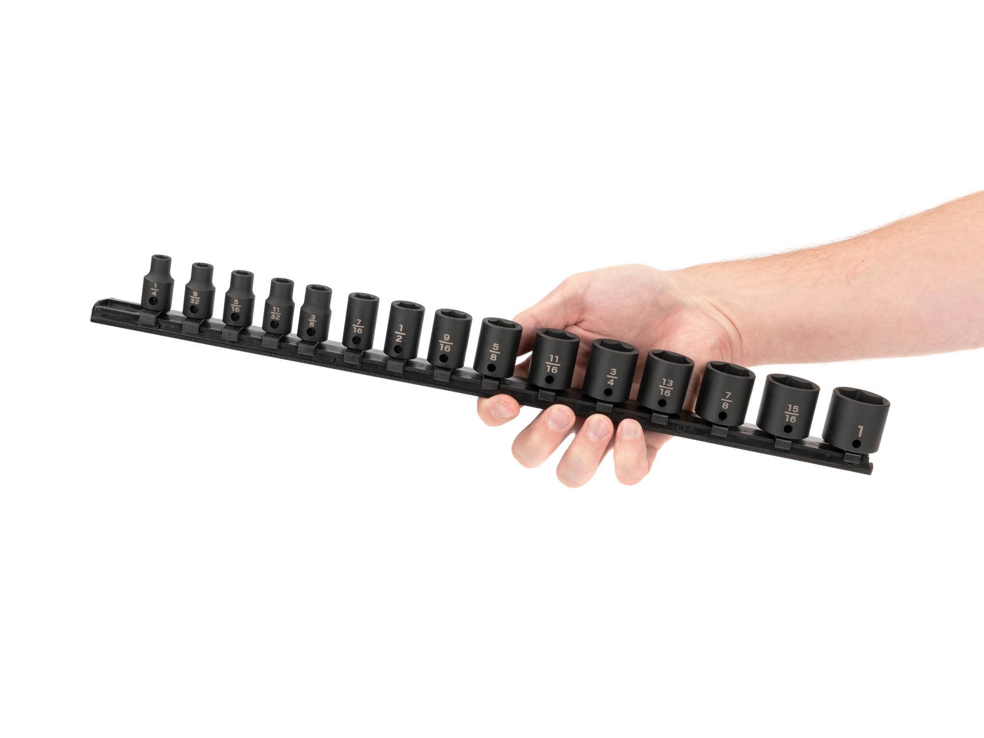Person holding Tekton rail impact drive 6-point socket set. Item #SID91104