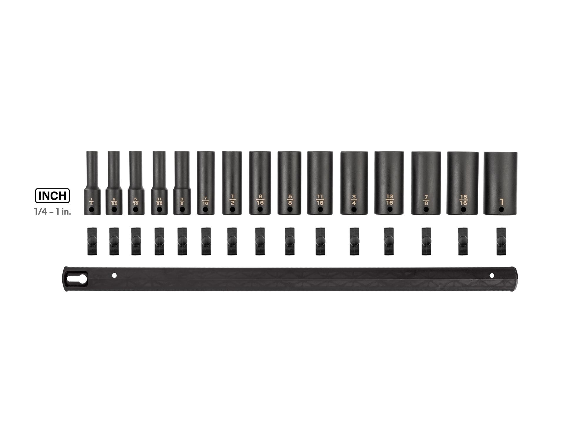 Laid out contents of Tekton rail impact drive 6-point socket set. Item #SID91105