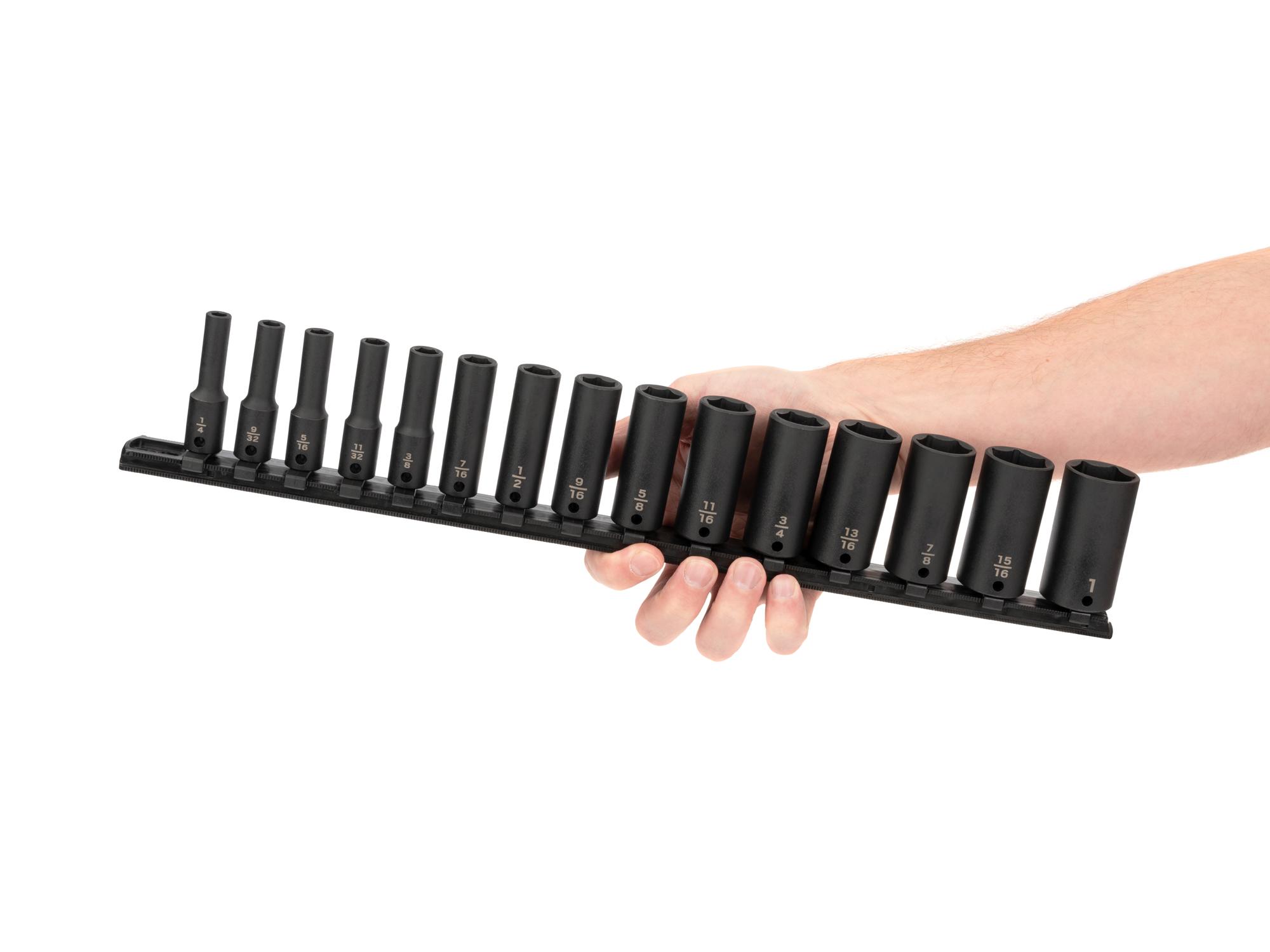 Person holding Tekton rail impact drive 6-point socket set. Item #SID91105