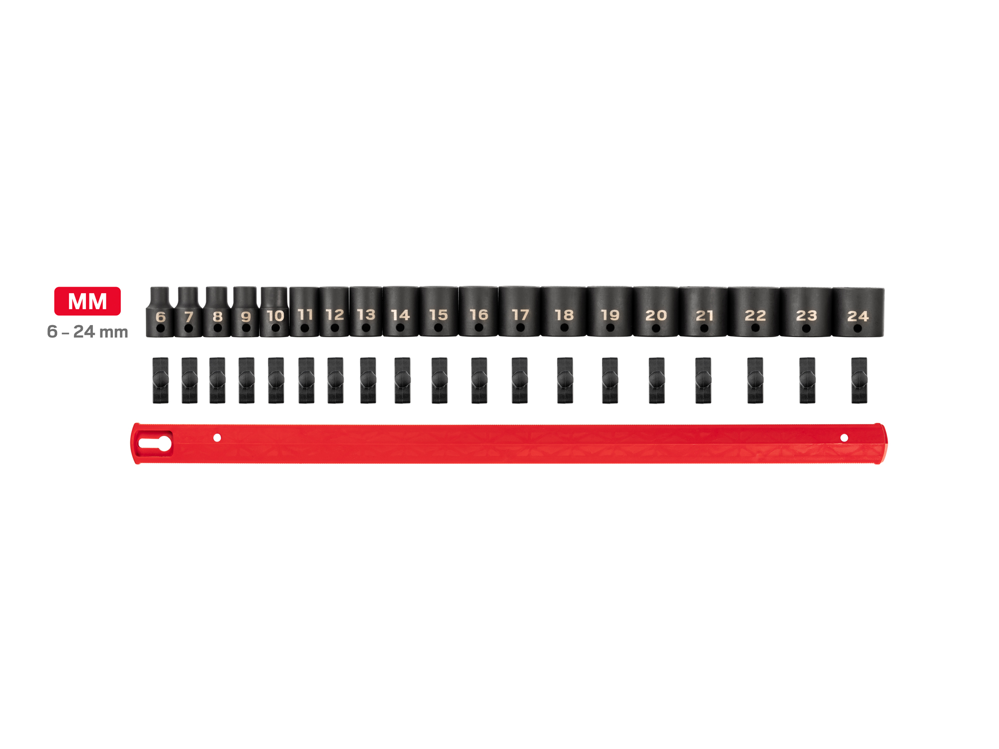 Includes: 6 - 24 mm (Metric) 6-point standard-length impact sockets. No skipped sizes. Comes with rail storage. SID91106.