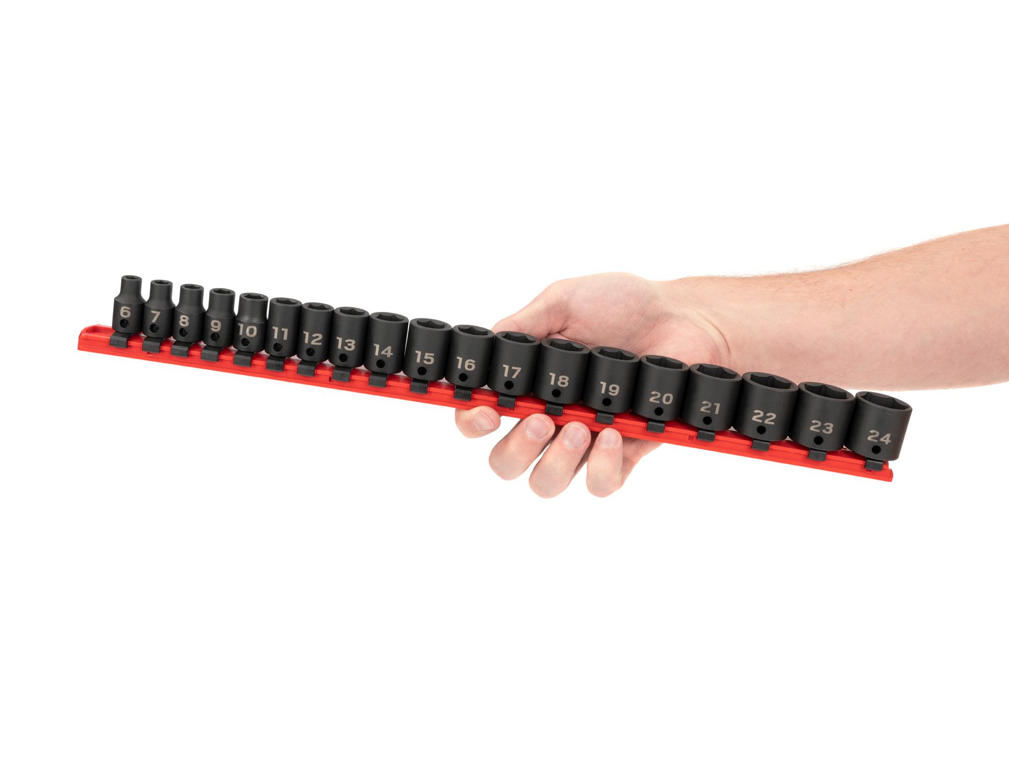 Person holding Tekton rail impact drive 6-point socket set. Item #SID91106