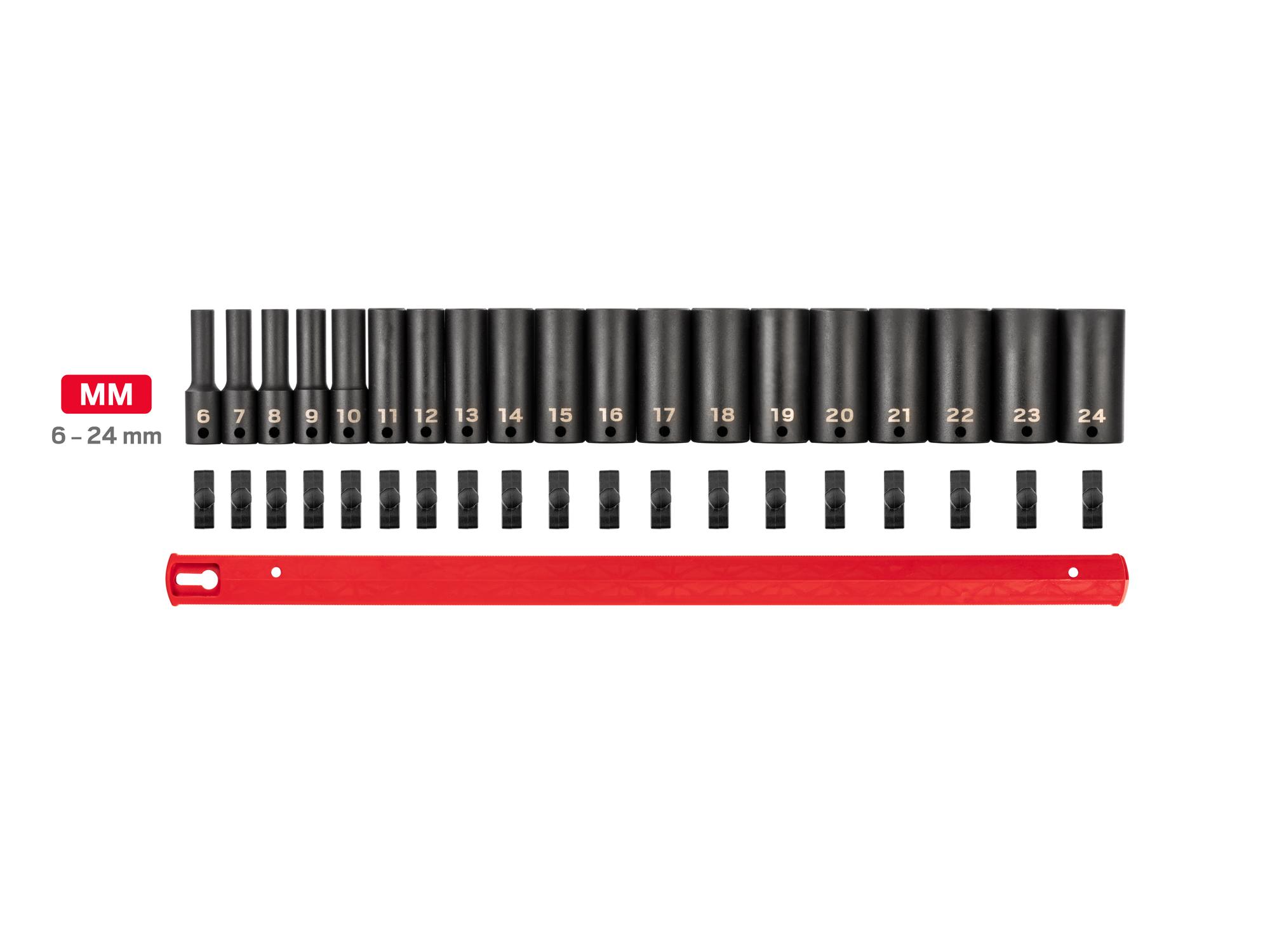 Laid out contents of Tekton rail impact drive 6-point socket set. Item #SID91107