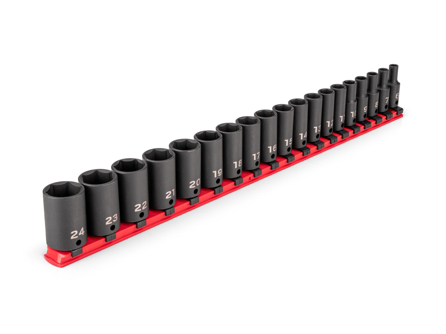Front-right angle view of Tekton impact drive 6-point socket set. Item #SID91117