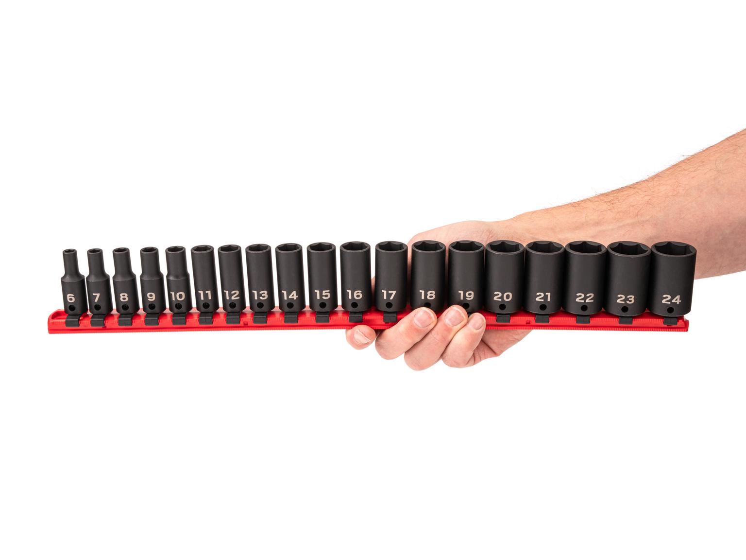 Person holding Tekton impact drive 6-point socket set. Item #SID91117