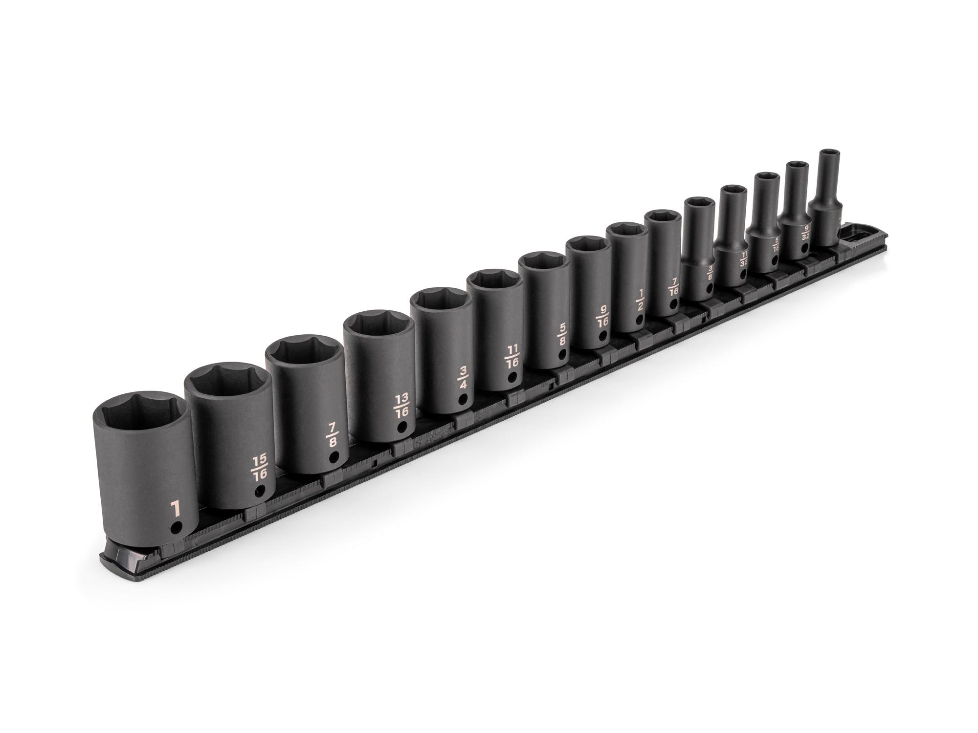 3/8 Inch Drive Semi-Deep 6-Point Impact Socket Set with Rail (15-Piece)